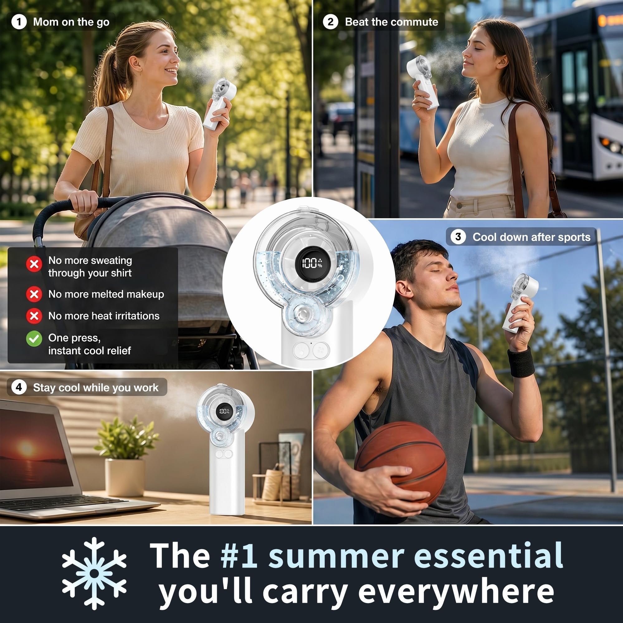 Ventilateur portable brumisateur, moteur turbo 13 000 tr/min, brume froide glacée 16 °C, batterie rechargeable de 3600 mAh, réservoir d'eau magnétique amovible, ventilateur de refroidissement