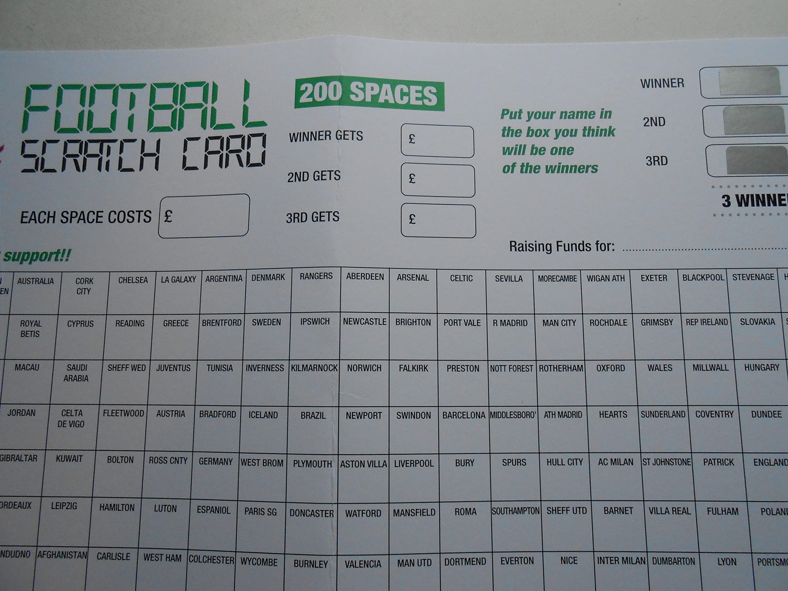 DWL FOOTBALL SCRATCH CARDS = 200 SPACES WITH 3 WINNERS X 10 CARDS