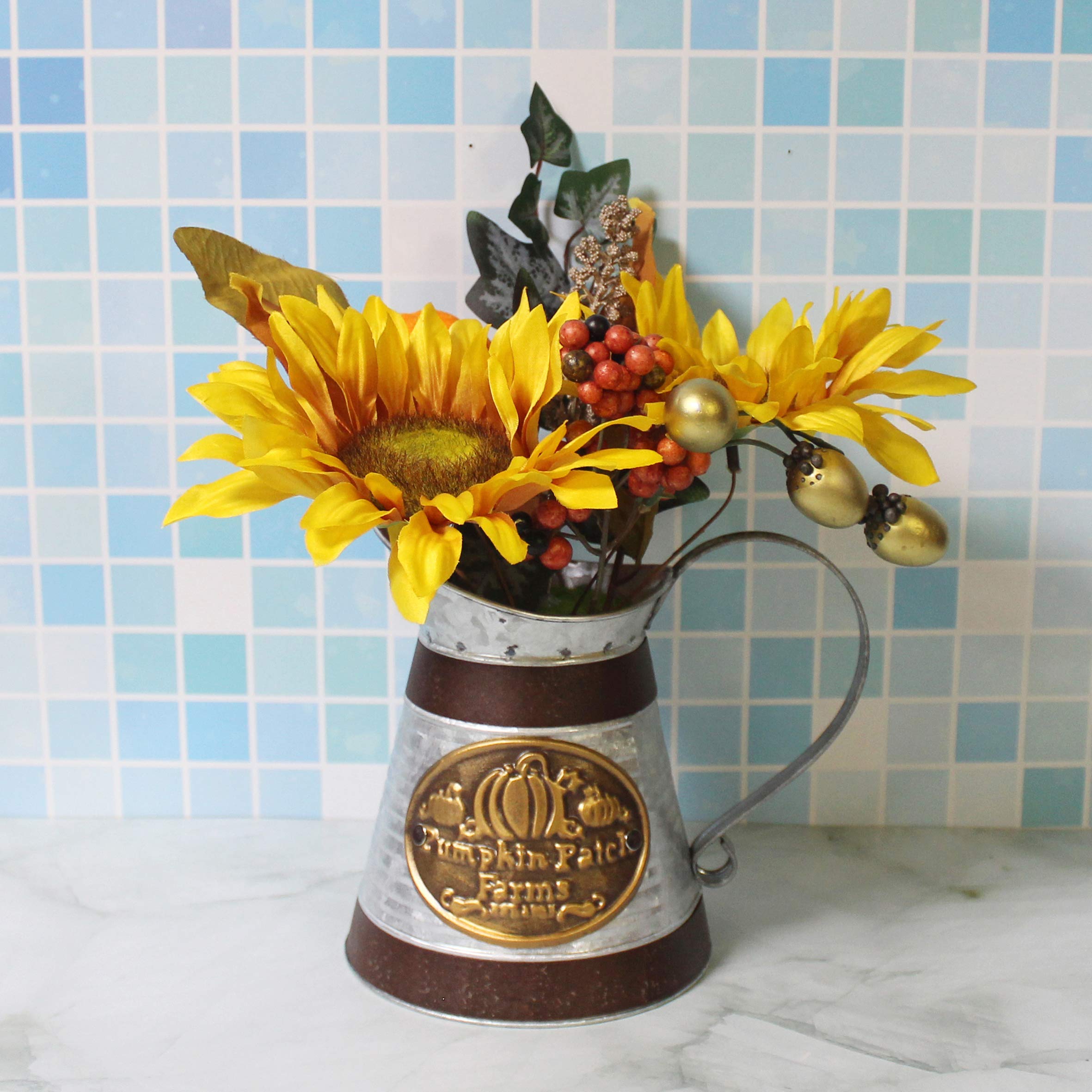 CVHOMEDECO, girasole artificiale rustico, in metallo zincato, girasoli in annaffiatoio, vaso per casa e ufficio, decorazione arte