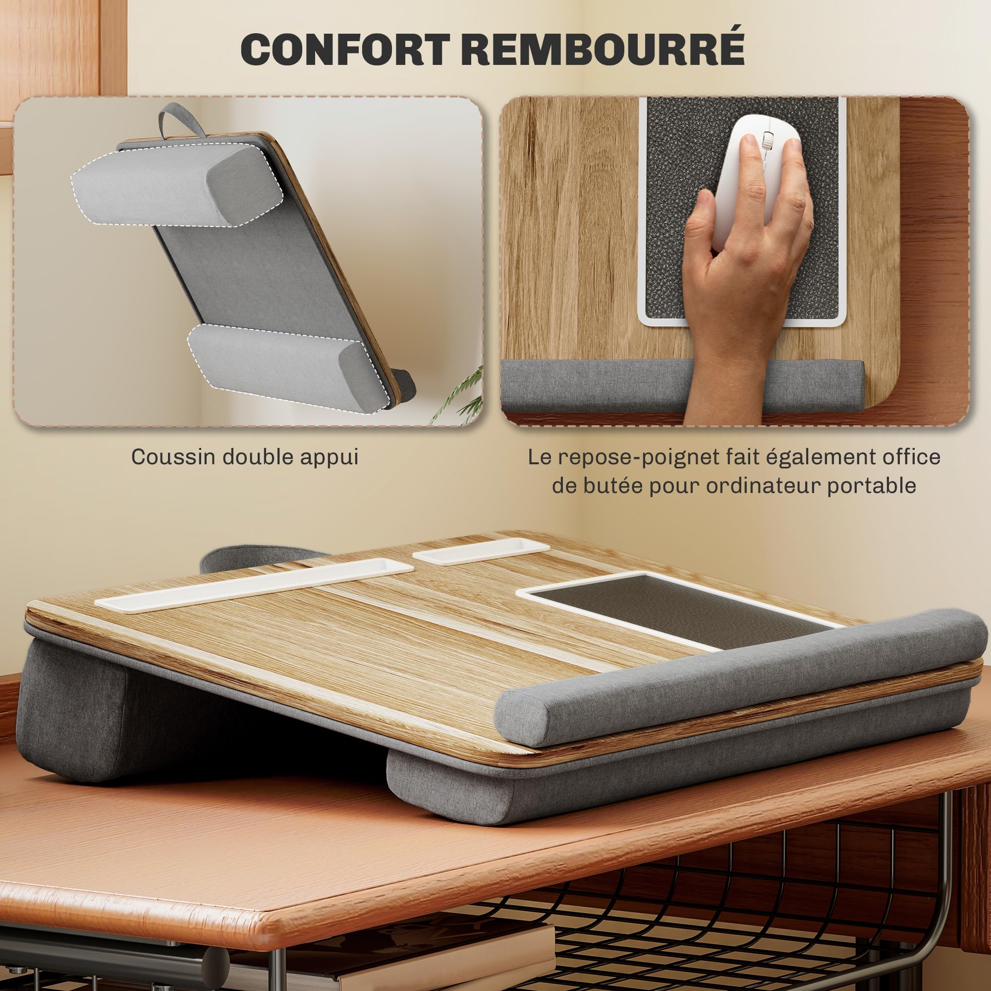 HOMCOM Support Ordinateur Portable lit Plateau pour Ordinateur Portable Table de lit avec traversin, Fente pour Tablette ou téléphone, Tapis de Souris, Repose-Poignet et poignée, 55,5 x 37 x 9 cm
