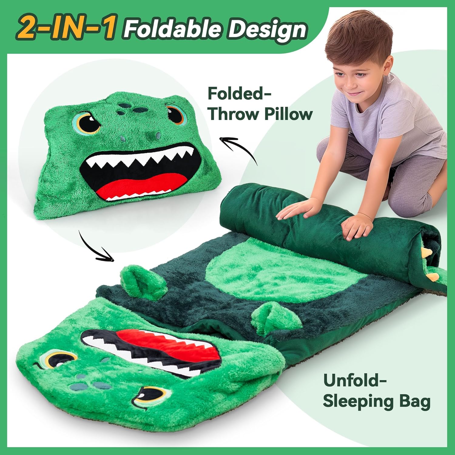 iPlay, iLearn Kids Dinosaur Sleeping Bag, Toddler Boys Dinos Nap Mat, Plush Animal Slumber Bag, 2 In 1 Daycare Preschool Kindergarten Birthday Gift Travel Sleepover for 3 4 5 6 7 8 10 12 Yr Child Teen