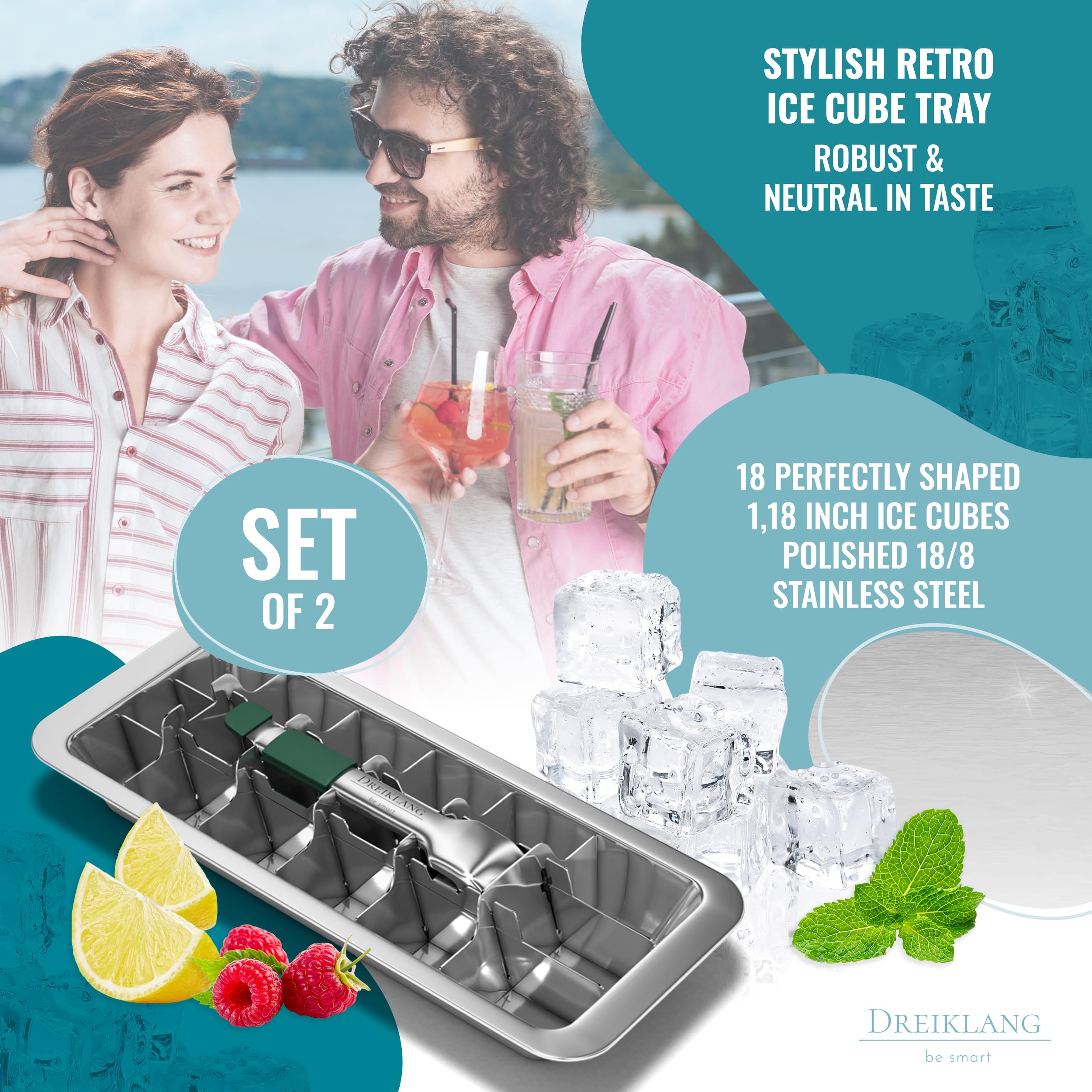 Dreiklang - be smart Stainless Steel Polished Set 2-Pack Ice Cube Tray for freezer Ice Cube Tray with Lever Insert |Easy Release with cold-insulated comfort grip | Food-Safe & Durable Ice Cube Maker
