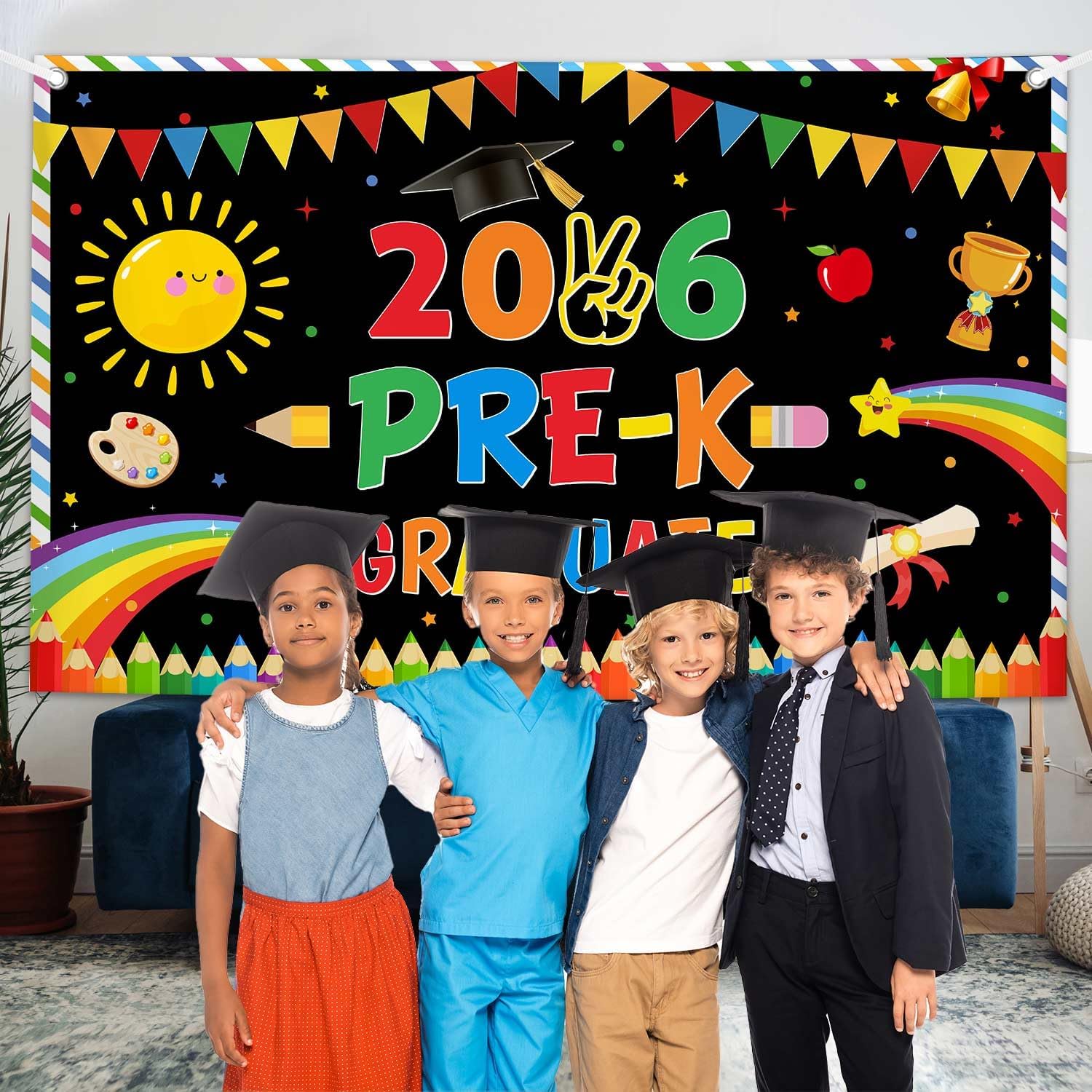 MEHOFOND Preschool Kindergarten Graduate Backdrop Congrats Grad Party Decoration 2026 Pre-k Graduate Party Banner Class of 2026 Kids Graduation Decor, Black 8x6ft