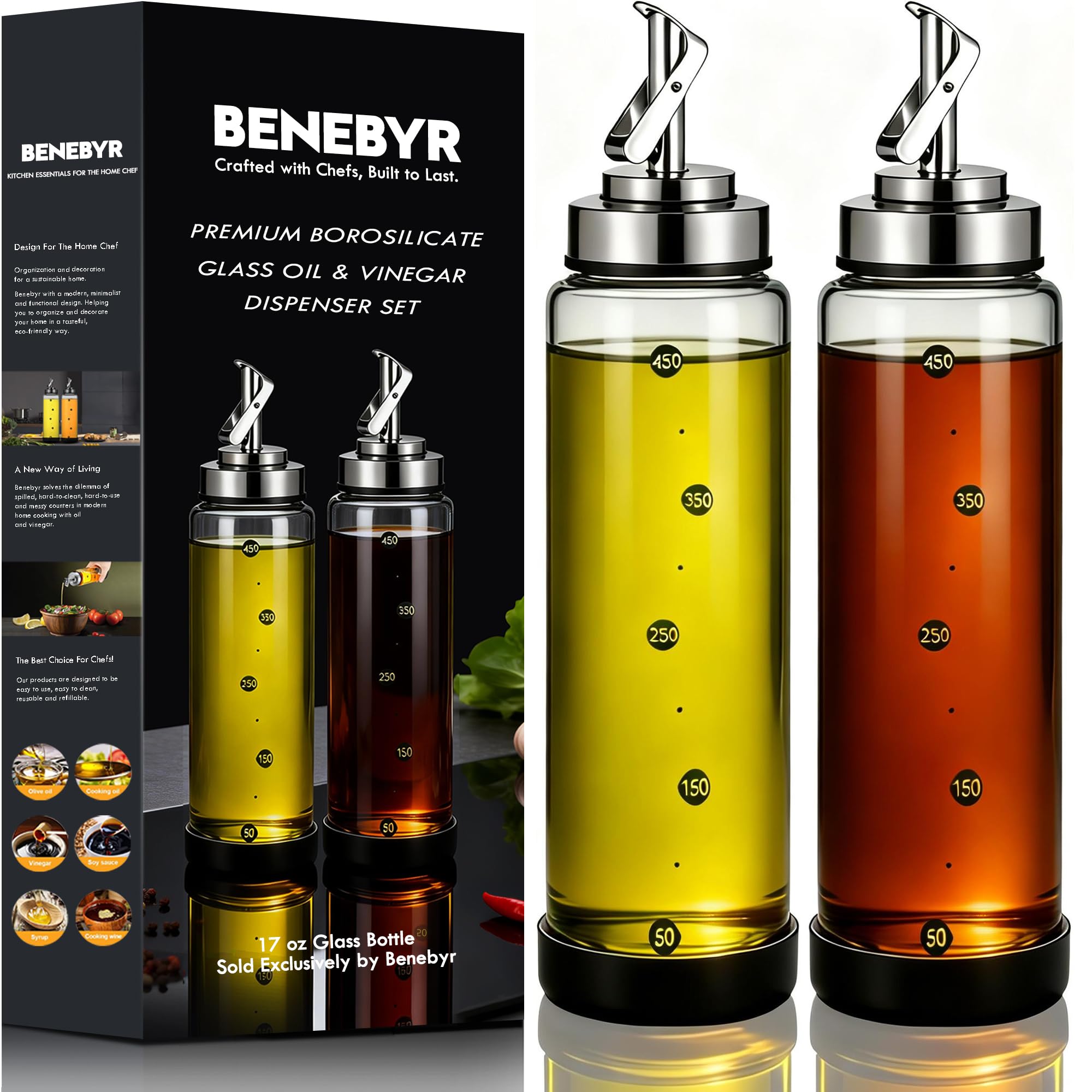 Botella dispensadora de aceite de oliva de vidrio para cocina, inastillable y a prueba de fugas, juego de dispensador de aceite y vinagre con boquilla de acero inoxidable y parte inferior de