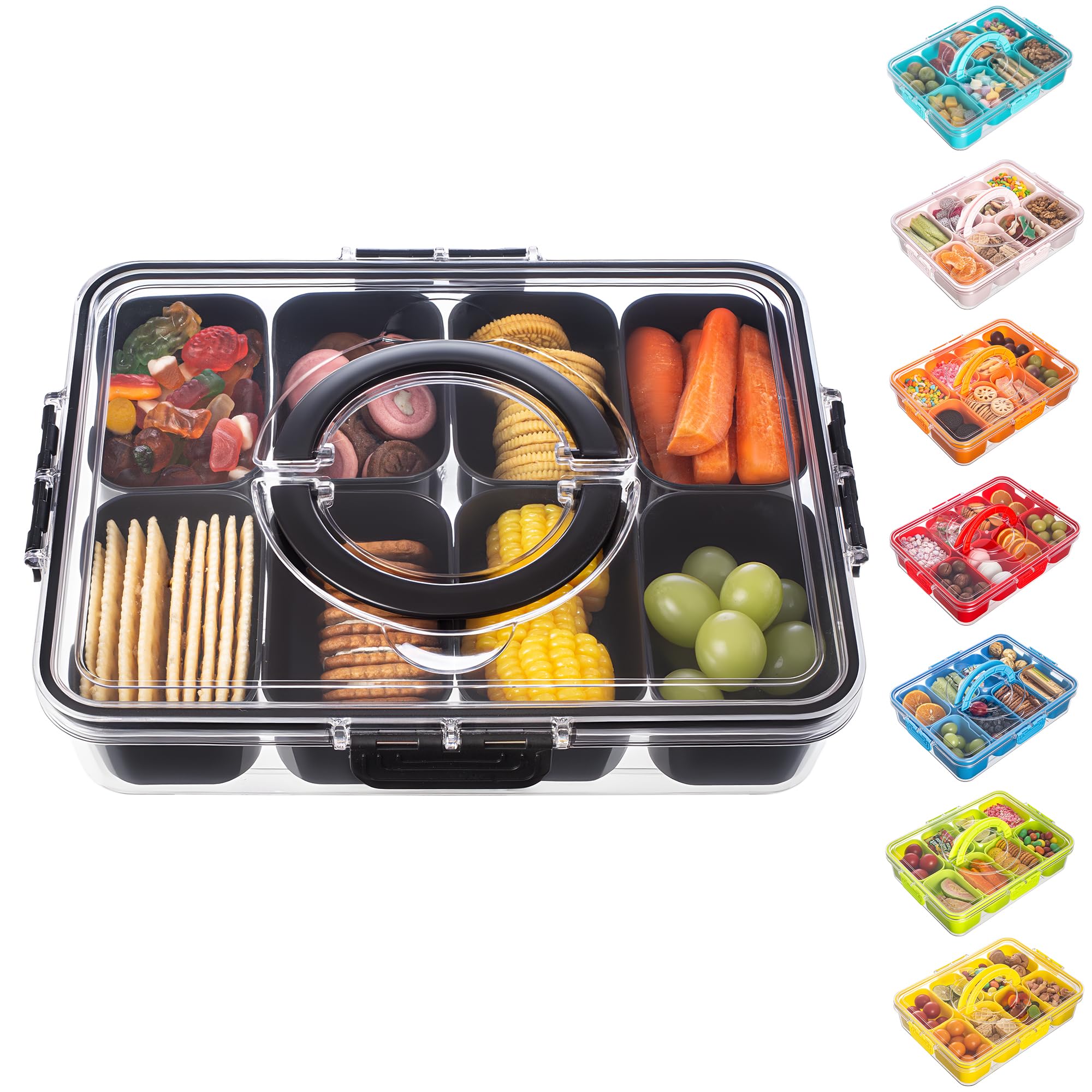Divided Serving Tray with Lid and Handle - Snackle Box Charcuterie Container for Portable Snack Platters Organizer for Candy, Fruits, Nuts, Snacks - Perfect for Party, Entertaining, Black