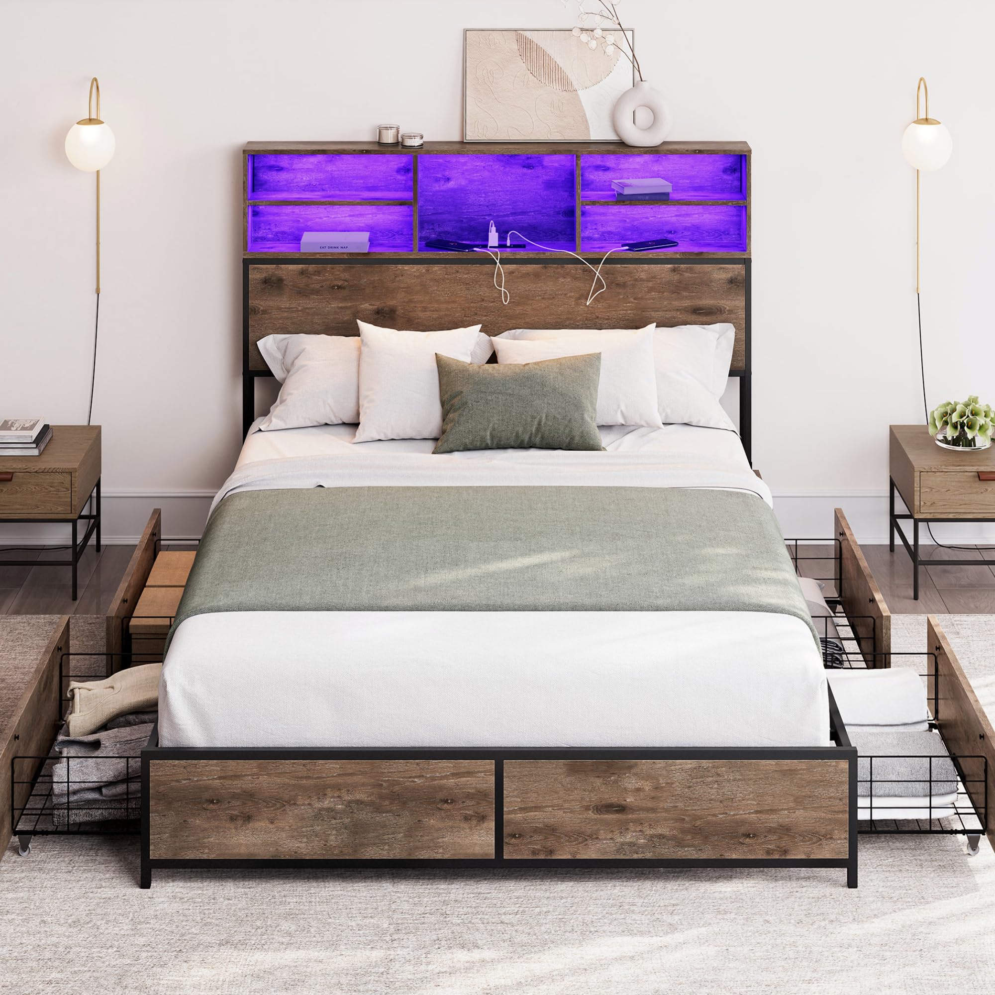 BELLEZEQueen Size Bed Frame with Storage Drawers, Platform Bed Frame with RGB LED Light and Ultra-Fast Charging Station, No Box Spring Needed - Riviera(Brown)