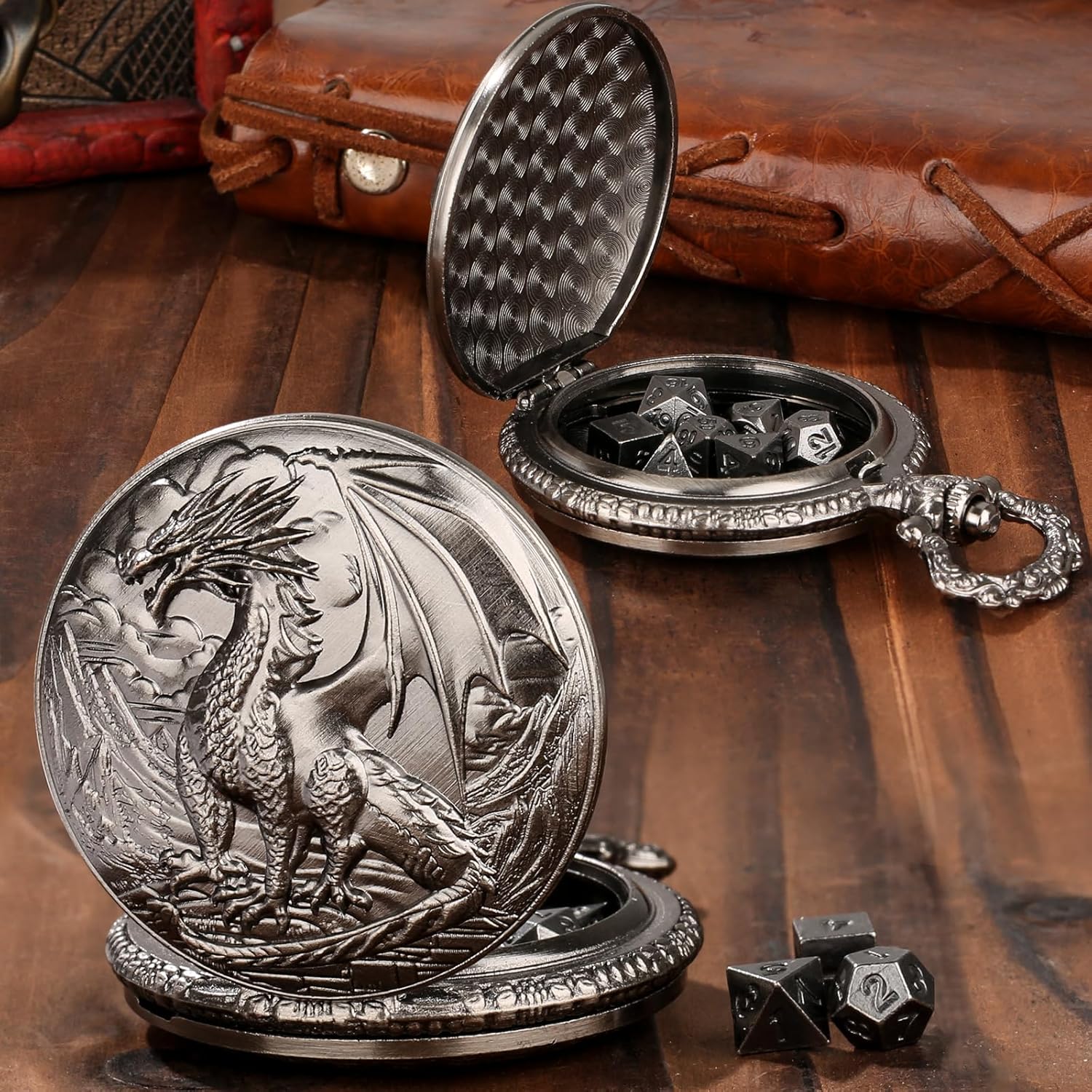 Mini DND Dice Set with Steampunk Dragon Pocket Watch Shell Case, 7pcs Polyhedral Metal DND Dice Set, DND Starter Set, D&D Gifts with Dragon Logo Gift Bag, Role Playing Board Games Accessories, Silver