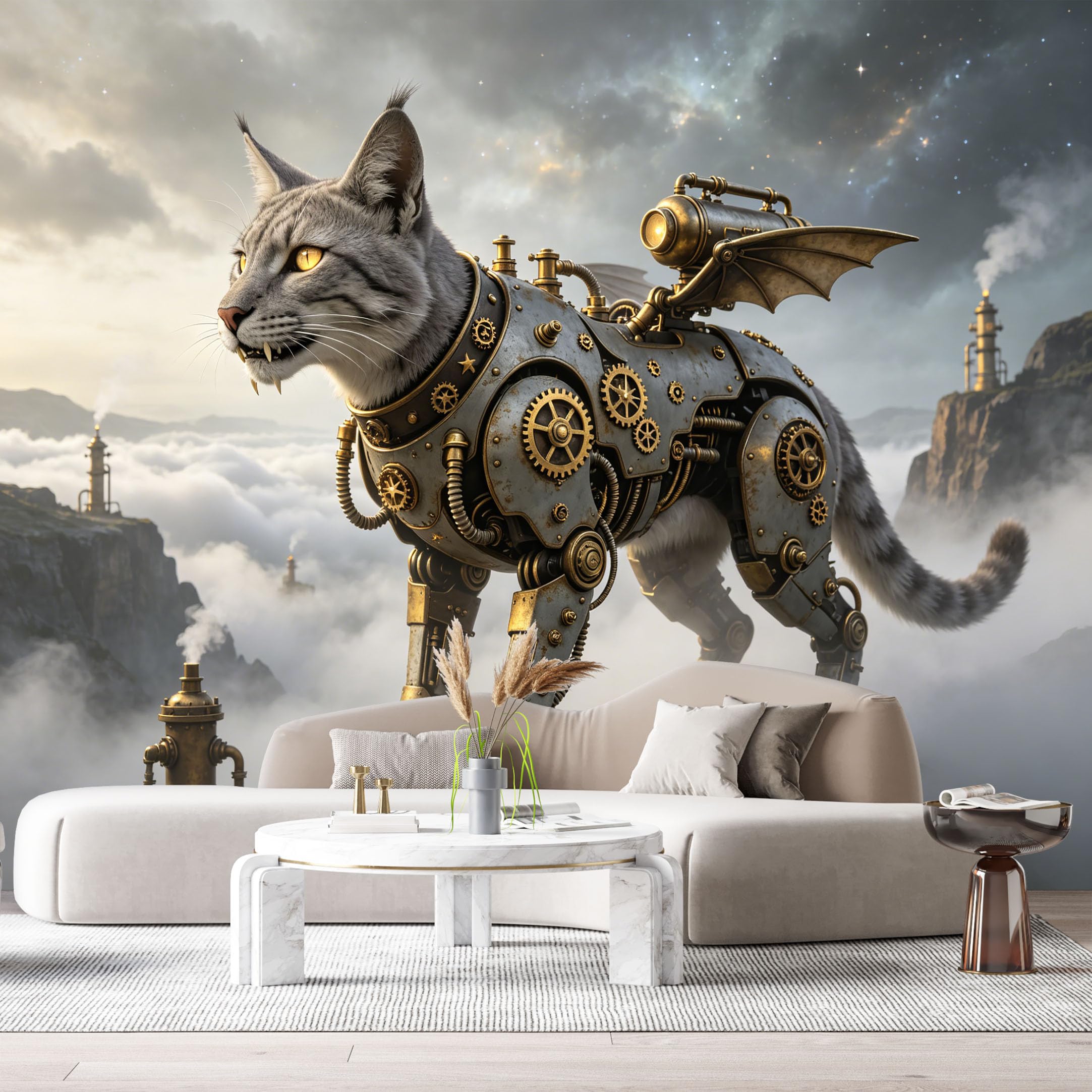 Custom Size Wall Mural Steampunk Mechanical Cat Robot Industrial Fantasy Metal Armor Futuristic Creature SciFi Art SelfAdhesive Art Prints Removable Large Wallpaper Esports Game Room Studio