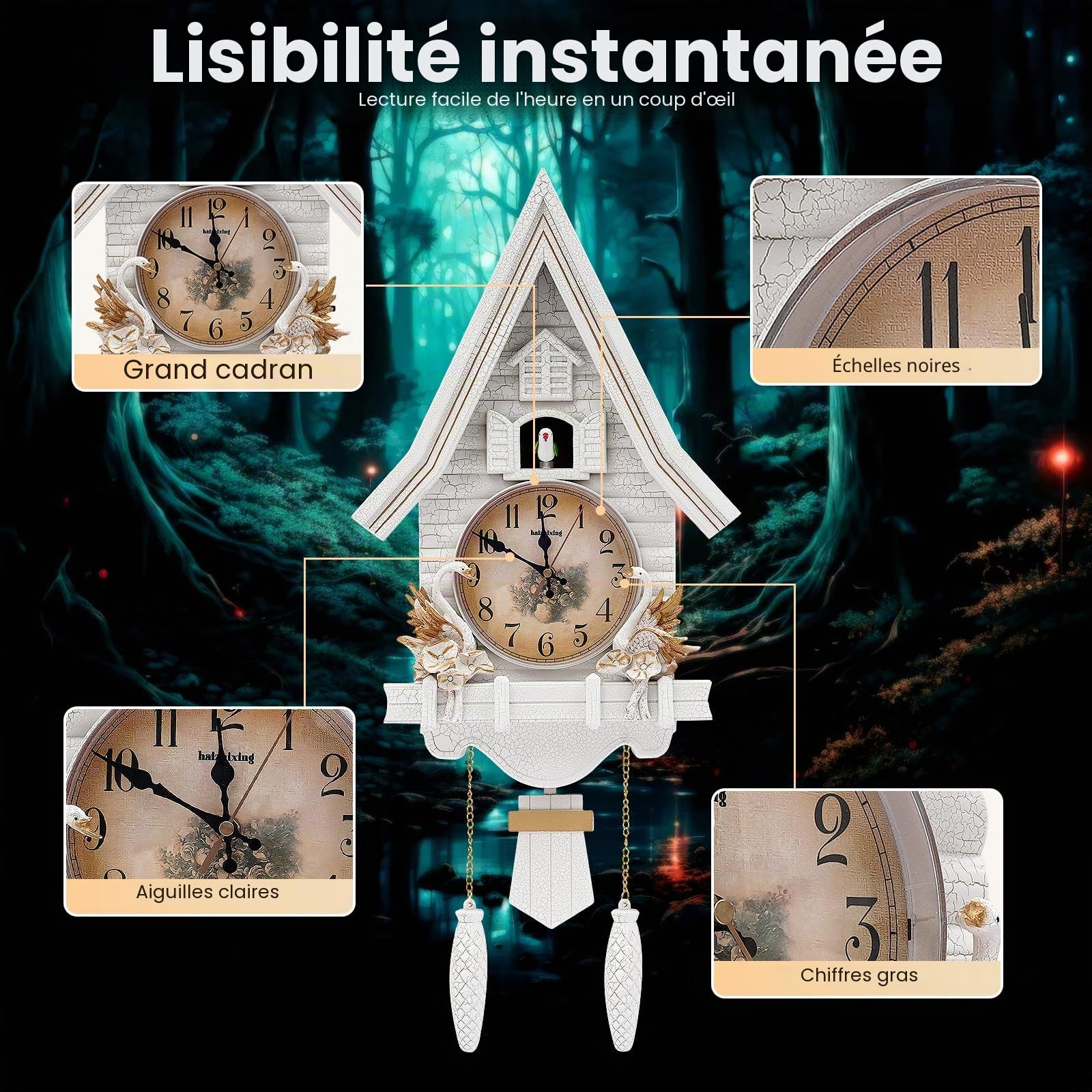 Horloge à coucou moderne - Horloge à coucou - Blanc - Forme de maison - Horloge murale à piles - Avec commande du volume - Mode nuit - Mouvement silencieux pour salon chambre bureau 32,5 x 11 x 69 cm