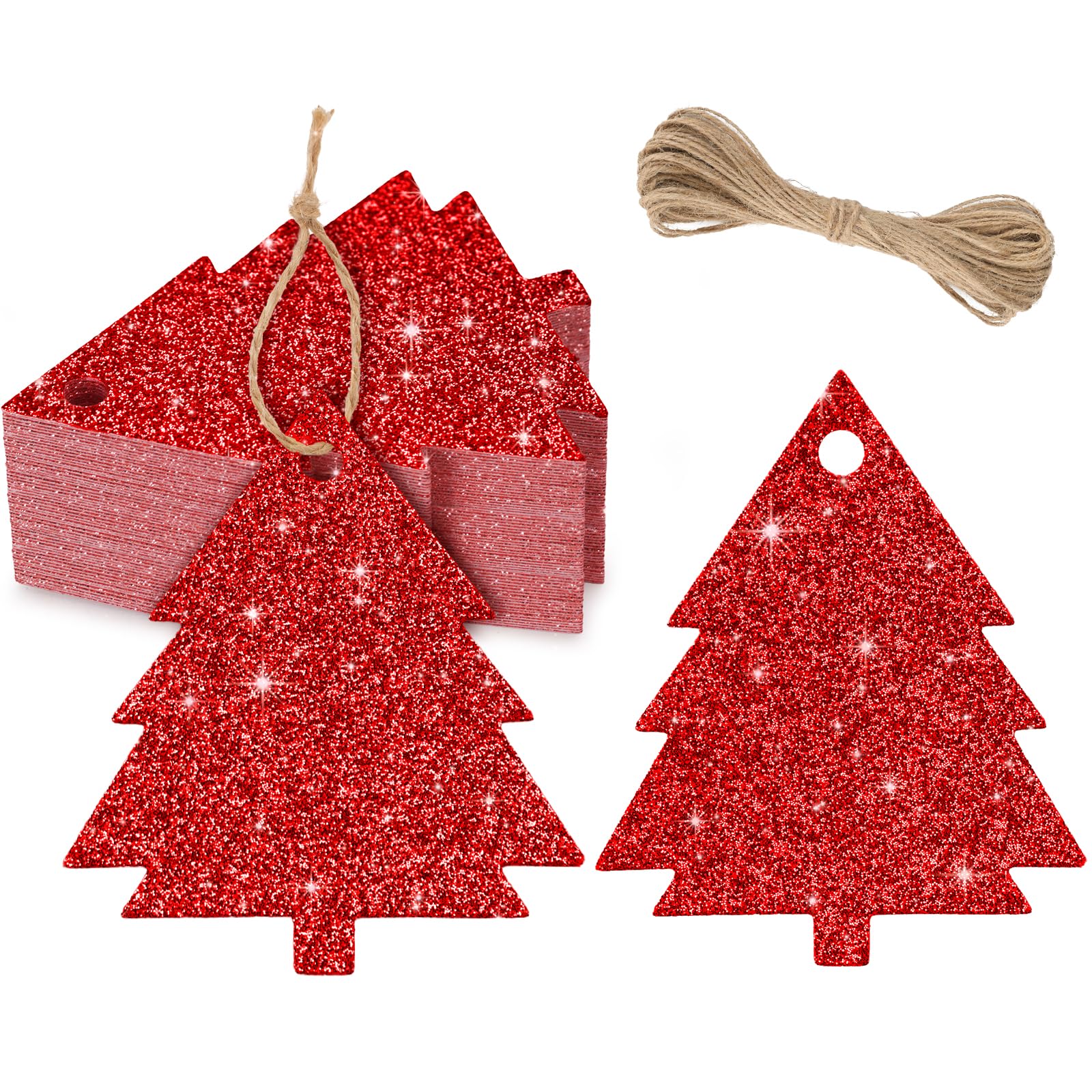 KINGLAKE 40PCS Glitter Red Gift Tags with String, Christmas Tree Shape Tag