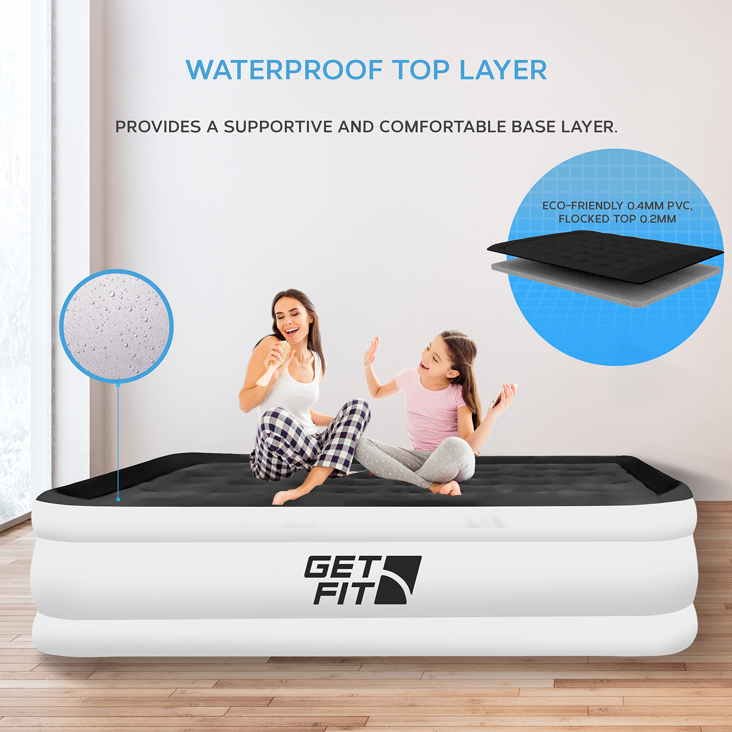 Get Fit Air Bed with Built In Electric Pump - Premium King Size - Blow Up Bed with 2 x Free Pillows - Elevated Inflatable Air Mattress for Outdoor, Camping, Tents - White/Black