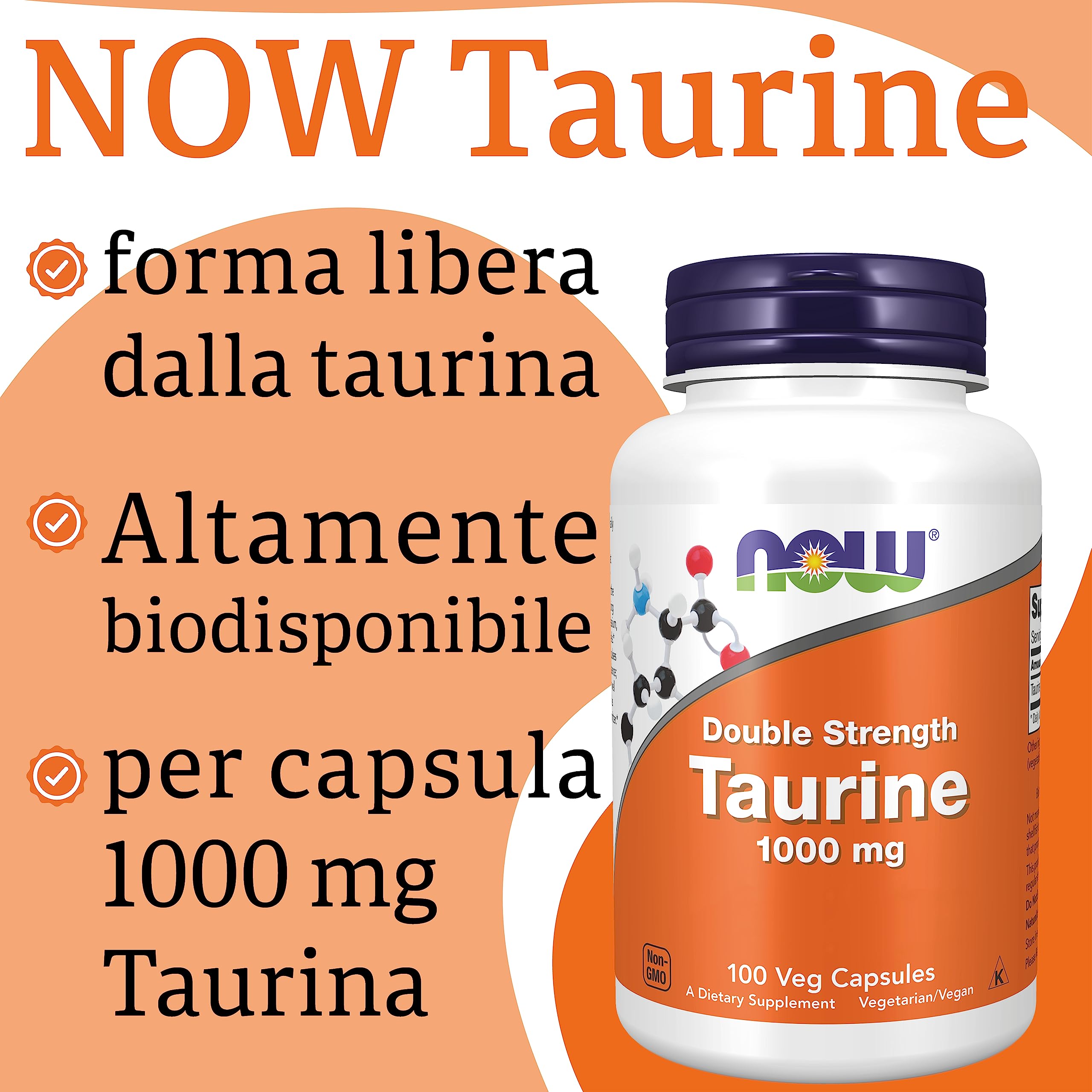 Now Foods, Taurine, Doppia Forza, 1.000mg, 100 Capsule vegan, Testato in Laboratorio, Aminoacido, Senza Glutine, Senza Soia, Vegetariano