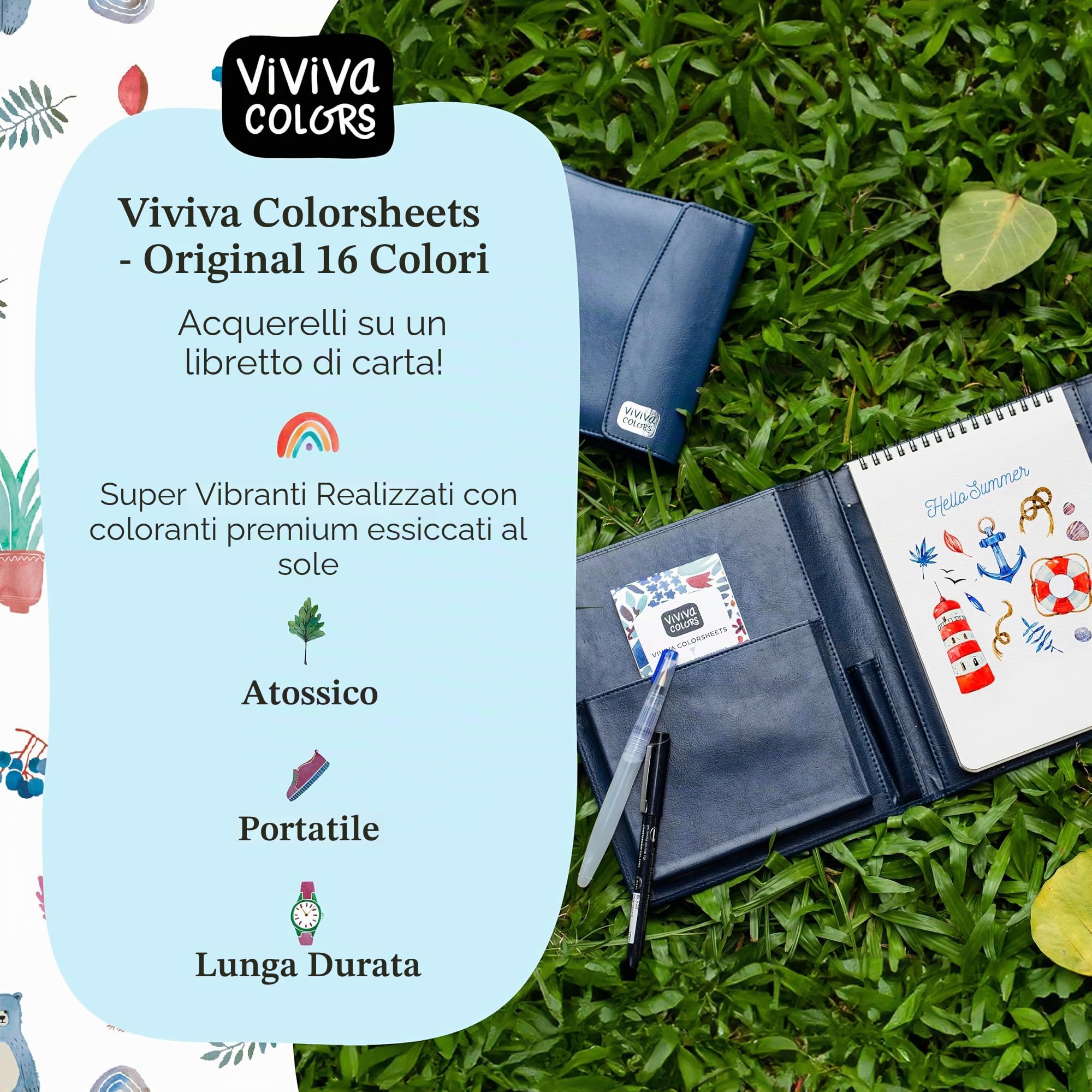 Viviva VV276054 Watercolor Travel Set A5 in ecopelle, custodia con 16 acquerelli vivaci, pennello serbatoio acqua, penna nera da 0,5 mm e album da disegno con 24 fogli da 200 g/m², formato A5