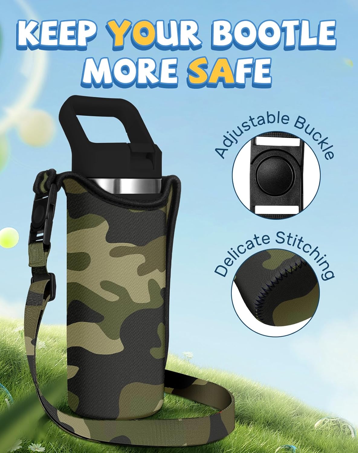 Water Bottle Carrier with Strap - Handheld Kids Water Bottle Holder for 10-16 oz / 14-20 oz Cute Cartoon Design Neoprene Crossbody Bottle Sling Bag for Boys Girls - Image 4