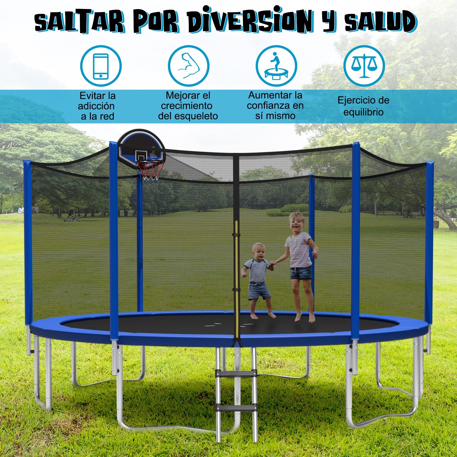 COSTWAY Cama Elastica Niños Exterior Ø366 cm, Trampolines para Niños y Adultos con Red de Seguridad, 72 Muelles y Escalera de 3 Peldaños, Cansta de Baloncesto, Cama Elástica Capacidad de Carga 180 kg