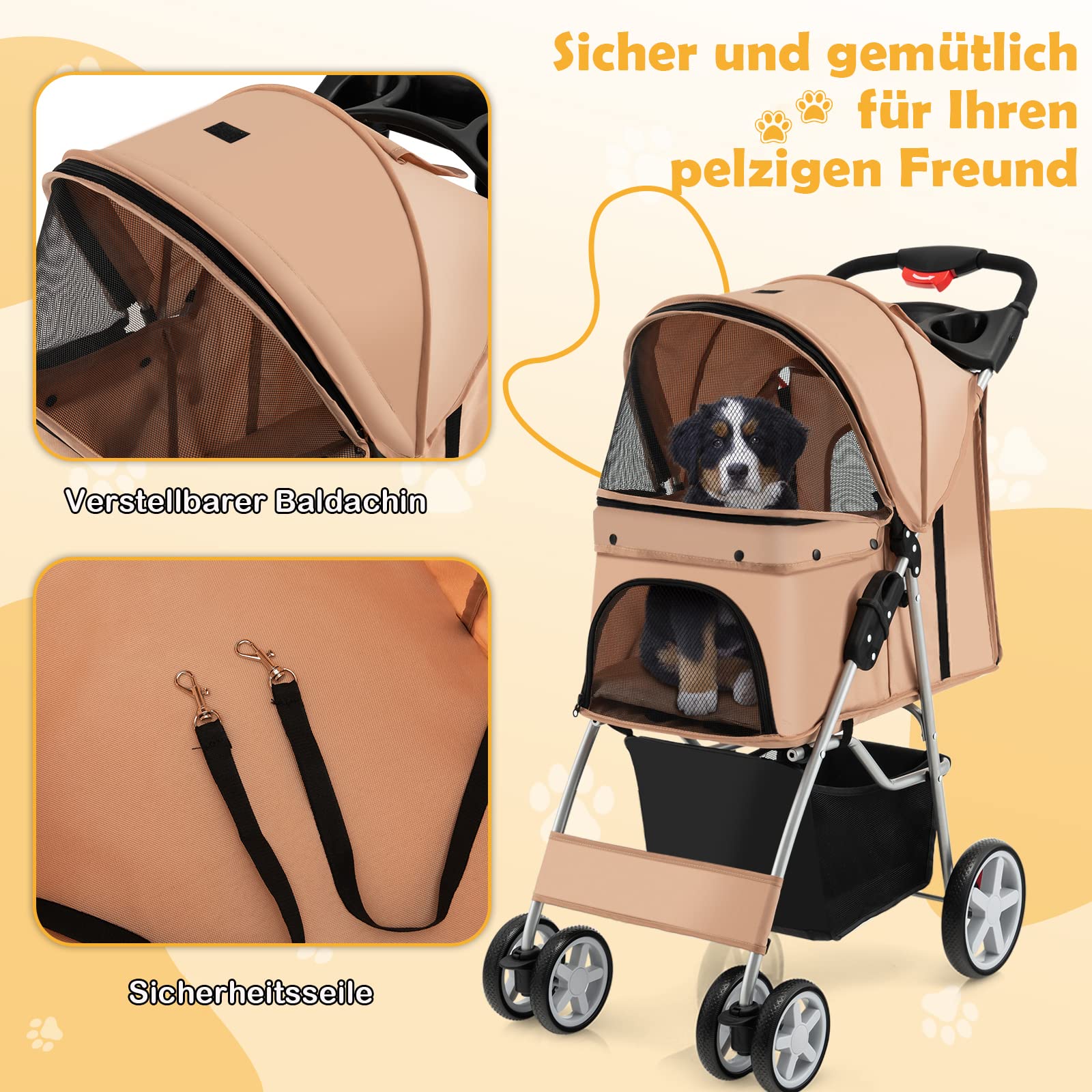 COSTWAY Hundewagen Haustiere Buggy, bis 15 kg, Hundebuggy mit Netzfenstern & Getränkehalter & Korb & Sonnenschutz, Faltbarer Katzenwagen, Katzenbuggy für kleine Hunde Katzen (Beige)