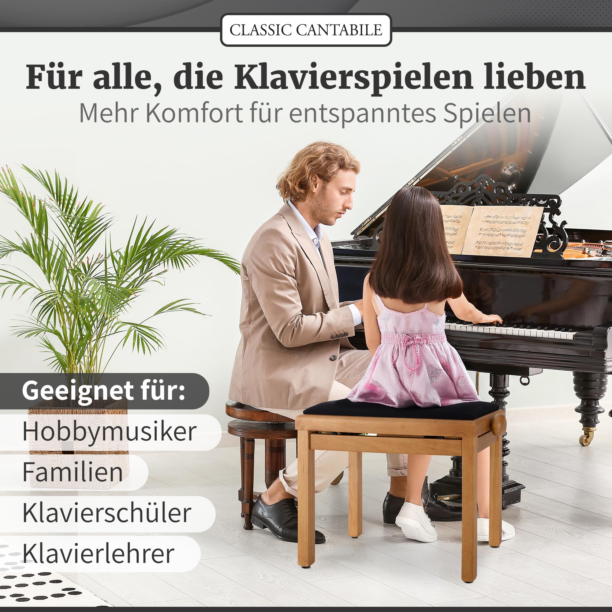 Classic Cantabile Pianobank Eiche-matt (Höhenverstellbar von 47-56cm, Spindelmechanik, Sitzfläche 55 x 32cm, schwarzer Velourbezug, stabil)
