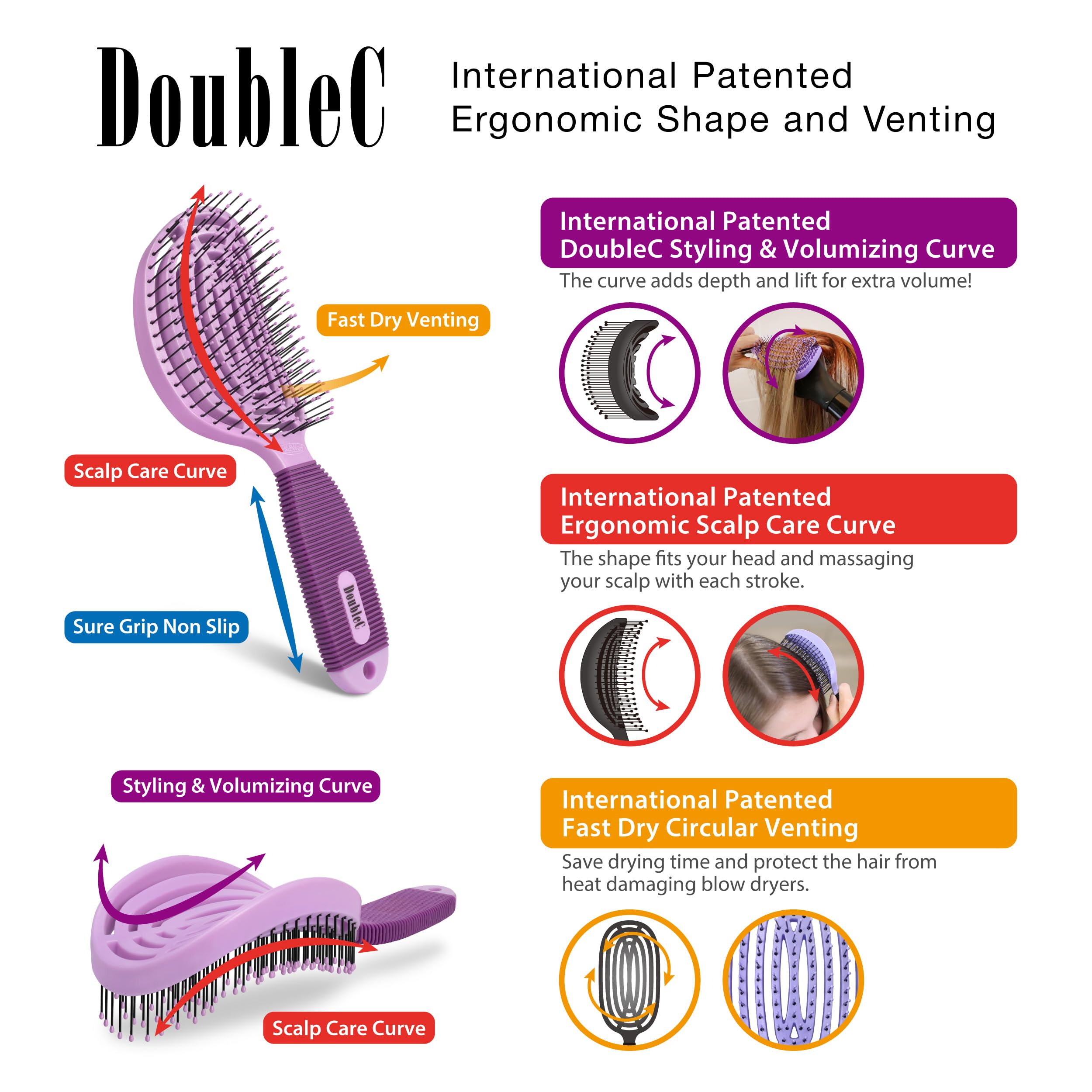NuWay® DoubleC® - Cepillo desenredante para el cabello, el cepillo original para el cuidado del cuero cabelludo para el hogar, cepillo patentado de doble curvo para desenredar suavemente, peinado de