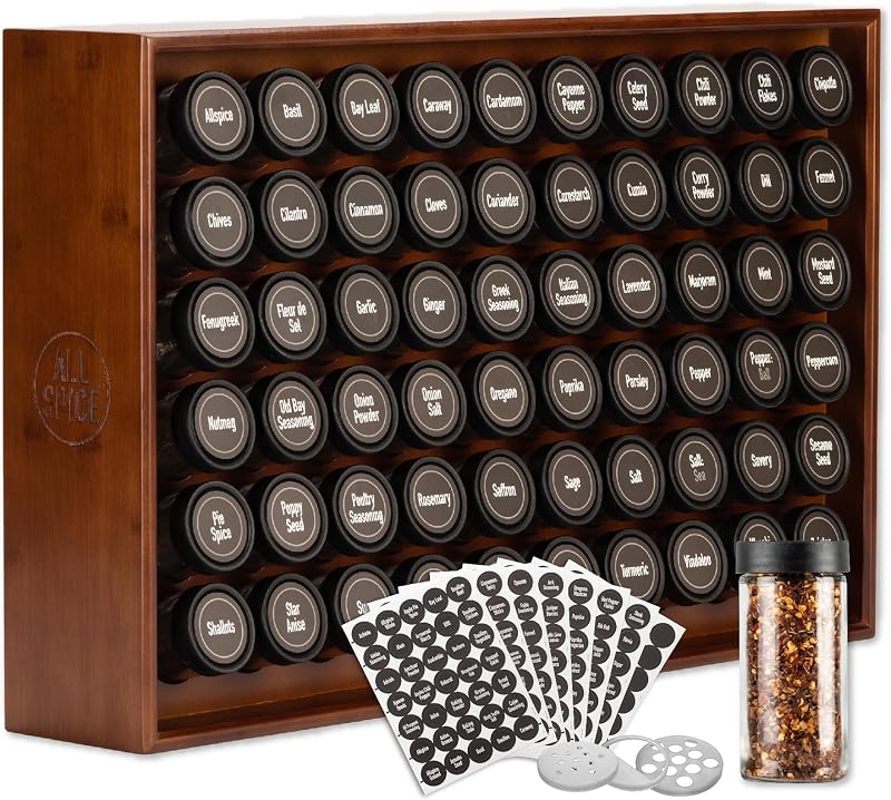 Organizador de Estantes para Especias, Madera, 525 Etiquetas Únicas, Encimera o Montaje en la Pared, Incluye 60 Frascos de 4oz - Mancha de Nogal