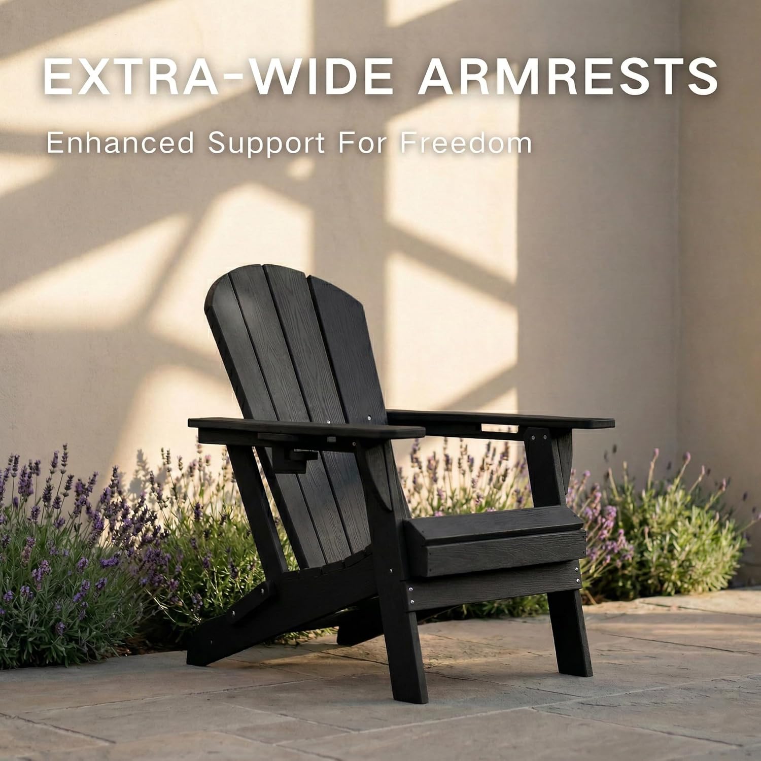 Kingdura Folding Adirondack Chairs Set of 2, Portable HDPE All Weather Resistant Outdoor Patio Chair, Wooden Textured with Cup Holder, 380LBS Capacity for Poolside, Backyard, Fire Pit (Black)