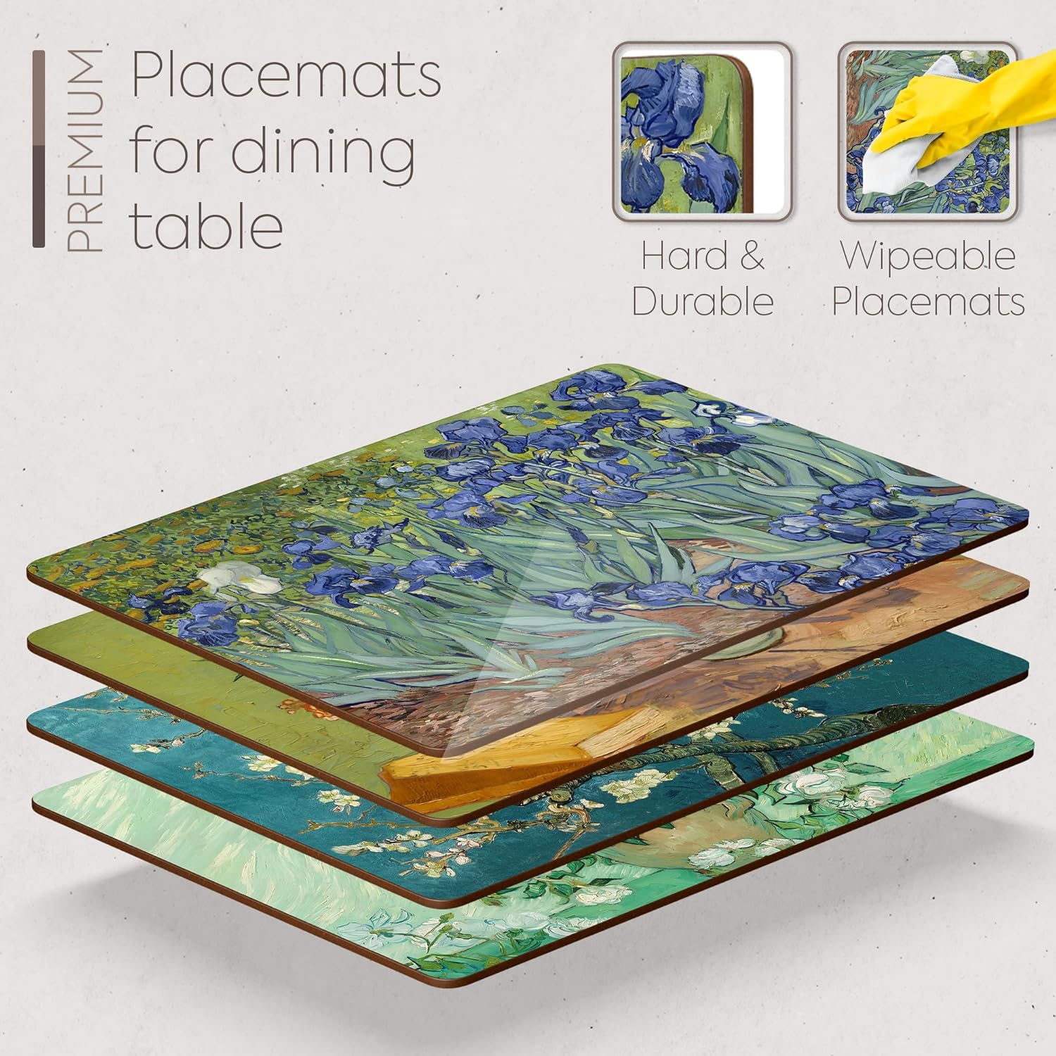 Set of 4 Heat Resistant Cork Placemats for Dining Table with Free Set of 4 Matching Drink Coasters Van Gogh Masterpieces Design 16 x 12 Inches Cork Backed Hard Placemats (Floral Van Gogh)