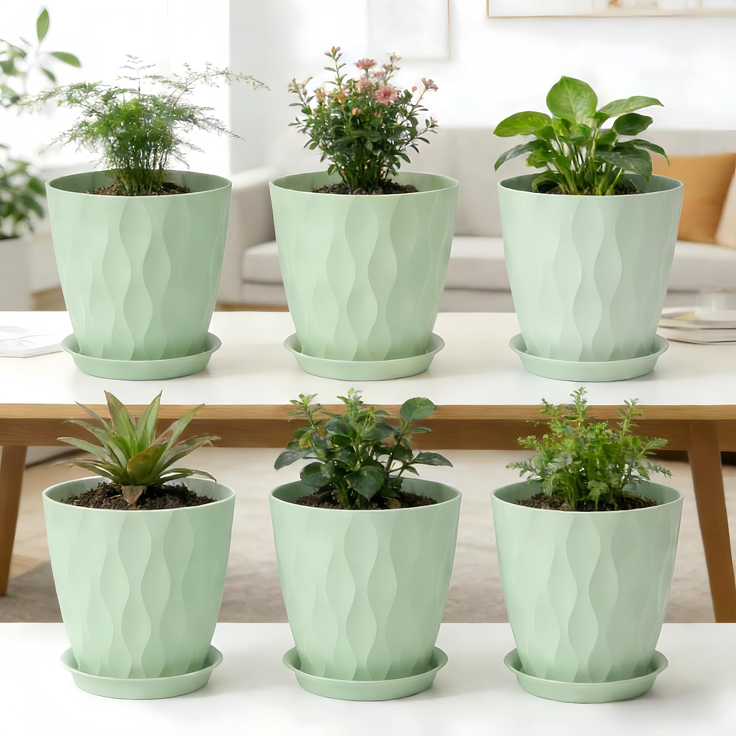 Plant Pots 8 Inch, 6 Pack Plastic Flower Pots for Indoor & Outdoor Plants, Planters with Drainage Holes and Saucer, Garden Pot for Plants (Green)