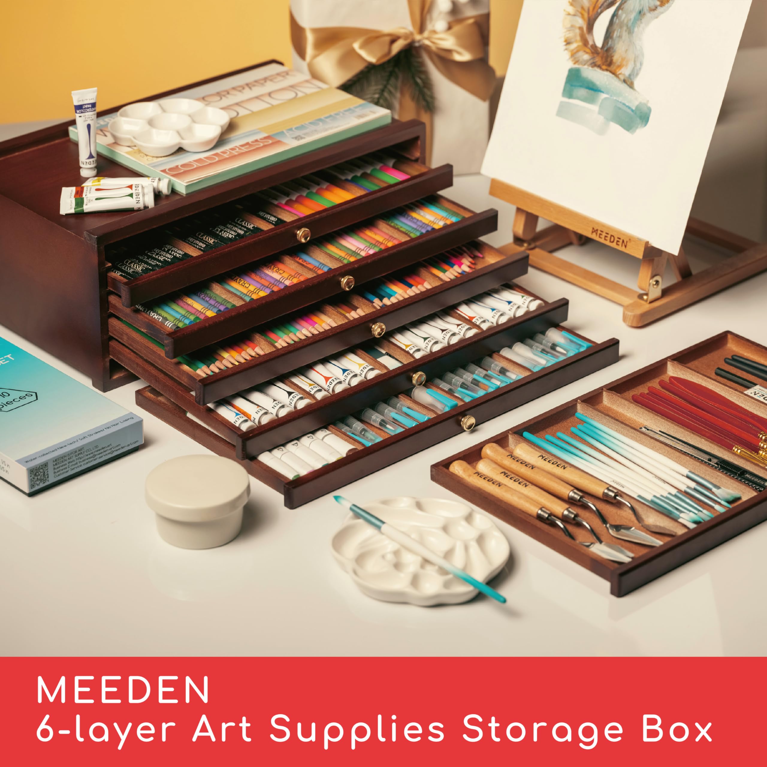 MEEDEN Caja de almacenamiento de 6 cajones de madera de haya, multifuncional, organizador de pinceles y lápices con cajón y compartimentos para pasteles, lápices, bolígrafos, brochas de maquillaje