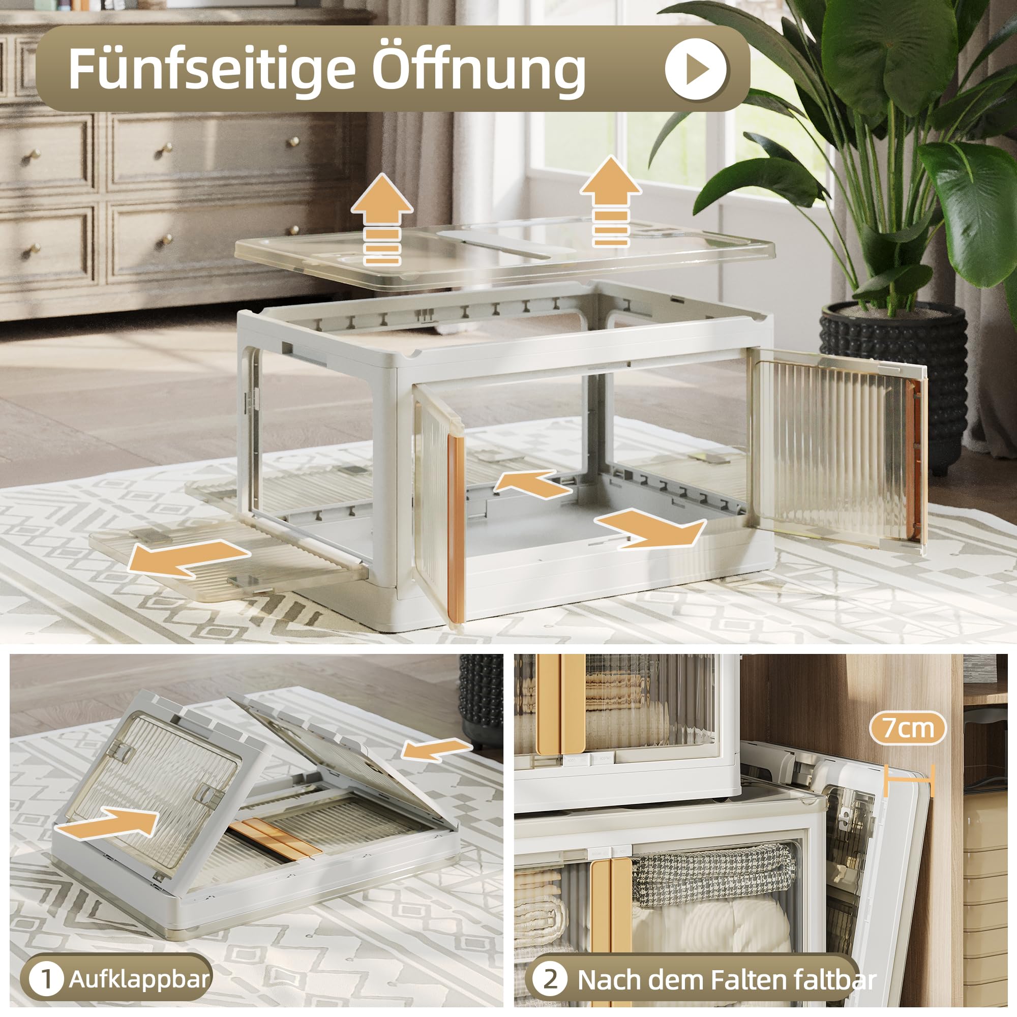 NETEL Aufbewahrungsbox mit Deckel, 83L 4 Stück Boxen Aufbewahrung, Stapelboxen, Plastikbox mit Deckel, Faltbare Aufbewahrungsboxen mit Tür und Rollen, 5 Seiten sind zu öffnen, Transparent und Stabil.