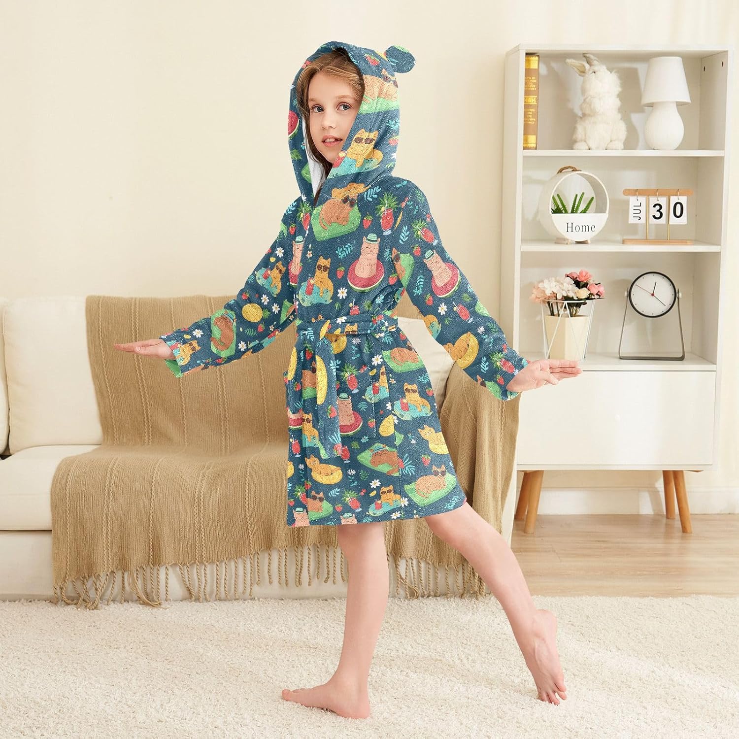 senya Summer Cat Vacation on Beach Toddler Hooded Bathrobe Kids Soft Plush Bath Towel Robes for Boys Girls 2-12 Years