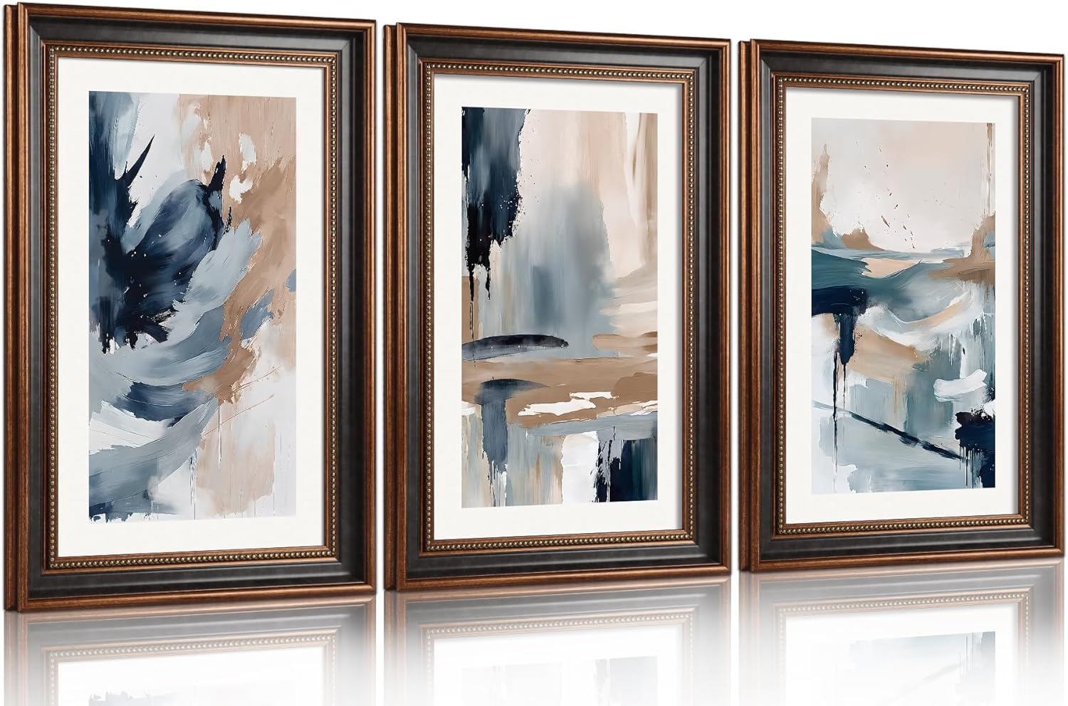 Aryroi Large Abstract Framed Canvas Wall Art 16x24 Inch Modern Neutral Art Painting, Minimalist Blue Brush Strokes Artwork for Living Room Bedroom Office Set of 3 24L" x 16W" blue and brown abstract