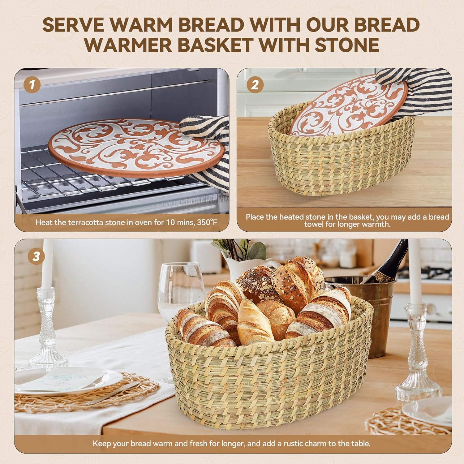12 Inch Bread Warmer Basket with Terracotta Stone, Handmade Tortilla Serving Basket, Natural Woven Bread Basket for Rolls & Sourdough, Ideal Housewarming and Hostess Gift
