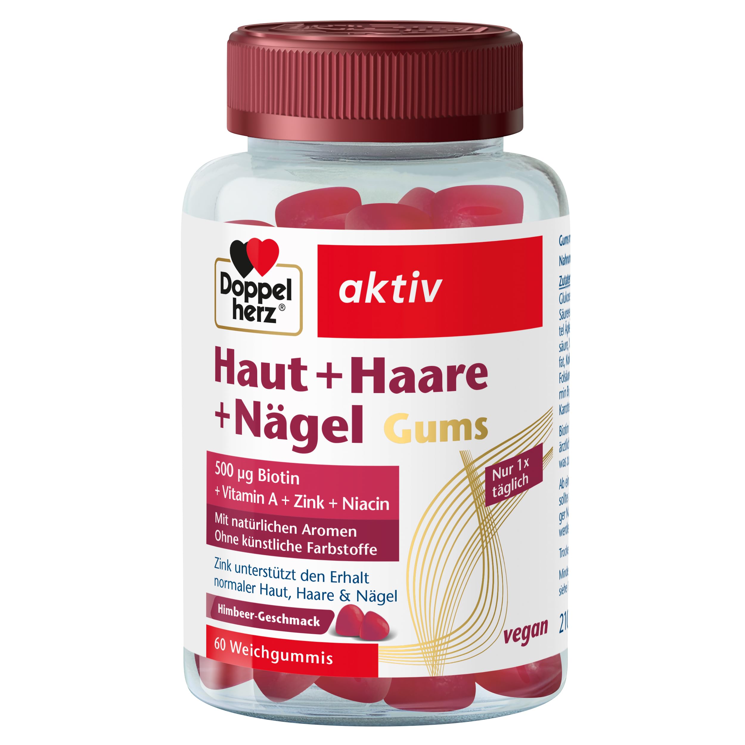 Doppelherz Haut + Haare + Nägel Gums - mit Vitaminen & Mineralstoffen - Zink unterstützt den Erhalt normaler Haut, Haare und Nägel - vegan - ca. 60 Weichgummis