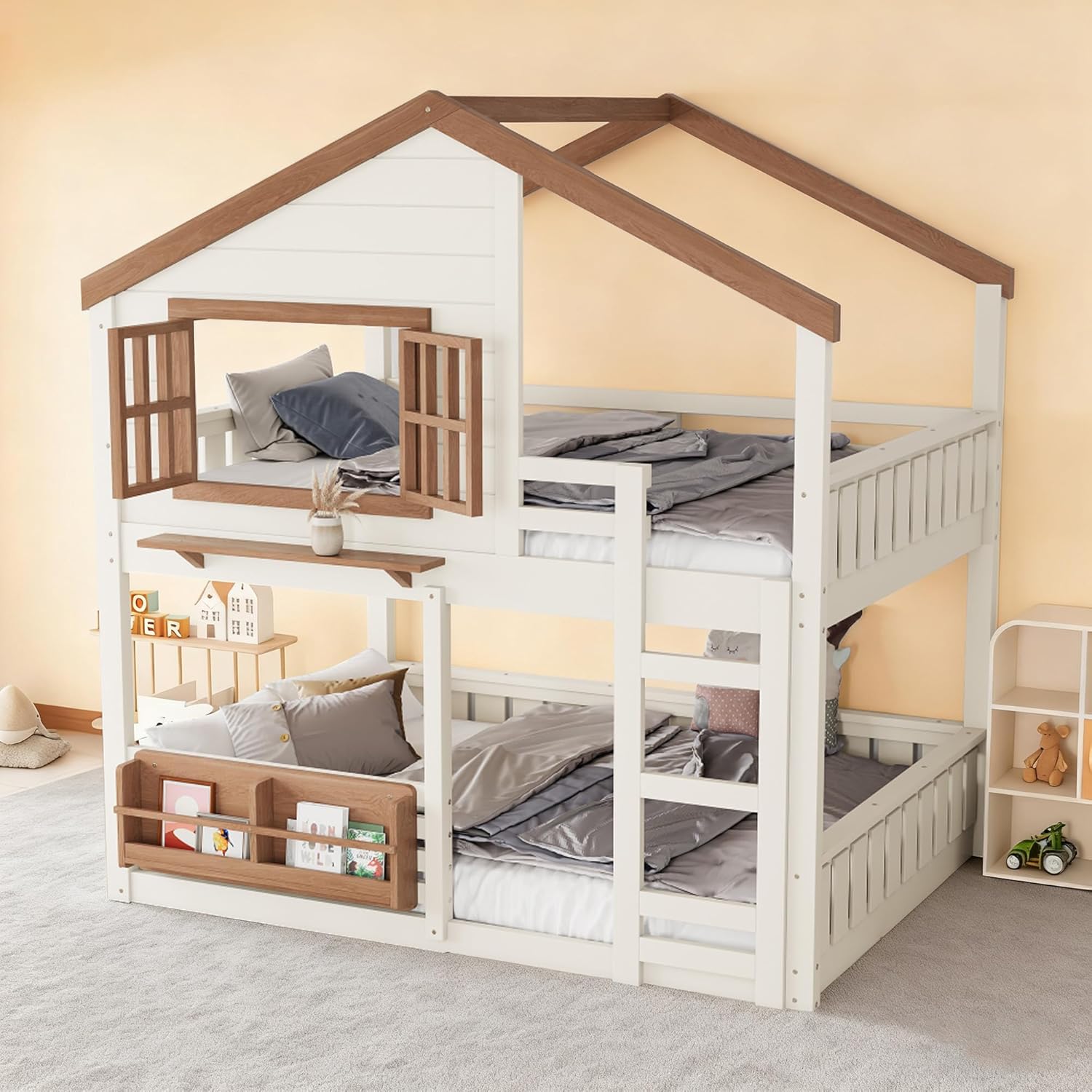 Bellemave Twin Size House Bunk Bed with Slide and Storage Shelf, Twin Floor Bunk Beds Frame with Safety Guardrails for Kids Girls Boys, Grey