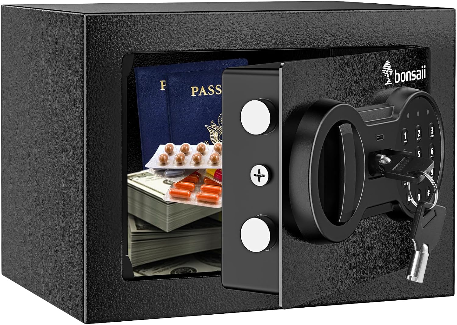 Bonsaii Safe Box for Money, 0.18 Cubic Feet Small Home Safe Lock Box with Electronic Keypad, Steel Construction Security Hidden Safe with Key, Mini Safe for Home Office Hotel, 6.69'' x 9.06'' x 6.69'' Electronic Lock