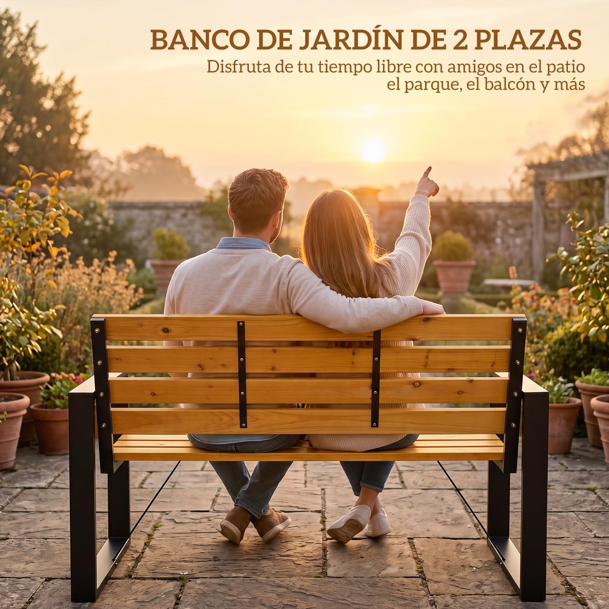 Outsunny Banco de Jardín Exterior de 2 Plazas, Banco Exterior con Respaldo y Asiento Listonado de Madera, Reposabrazos y Marco de Acero, para Patio, Terraza, 136x54x82 cm, Natural