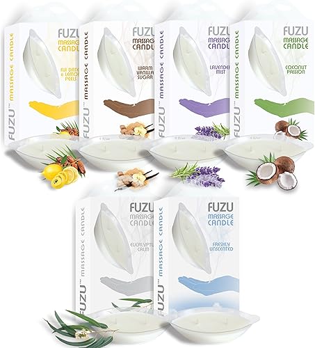 The Eco-Friendly & All-Natural Fuzu - Vela de masaje, aceite y humectante para la piel, doble mechas y boquillas para verter, 6 fragancias, 24 onzas