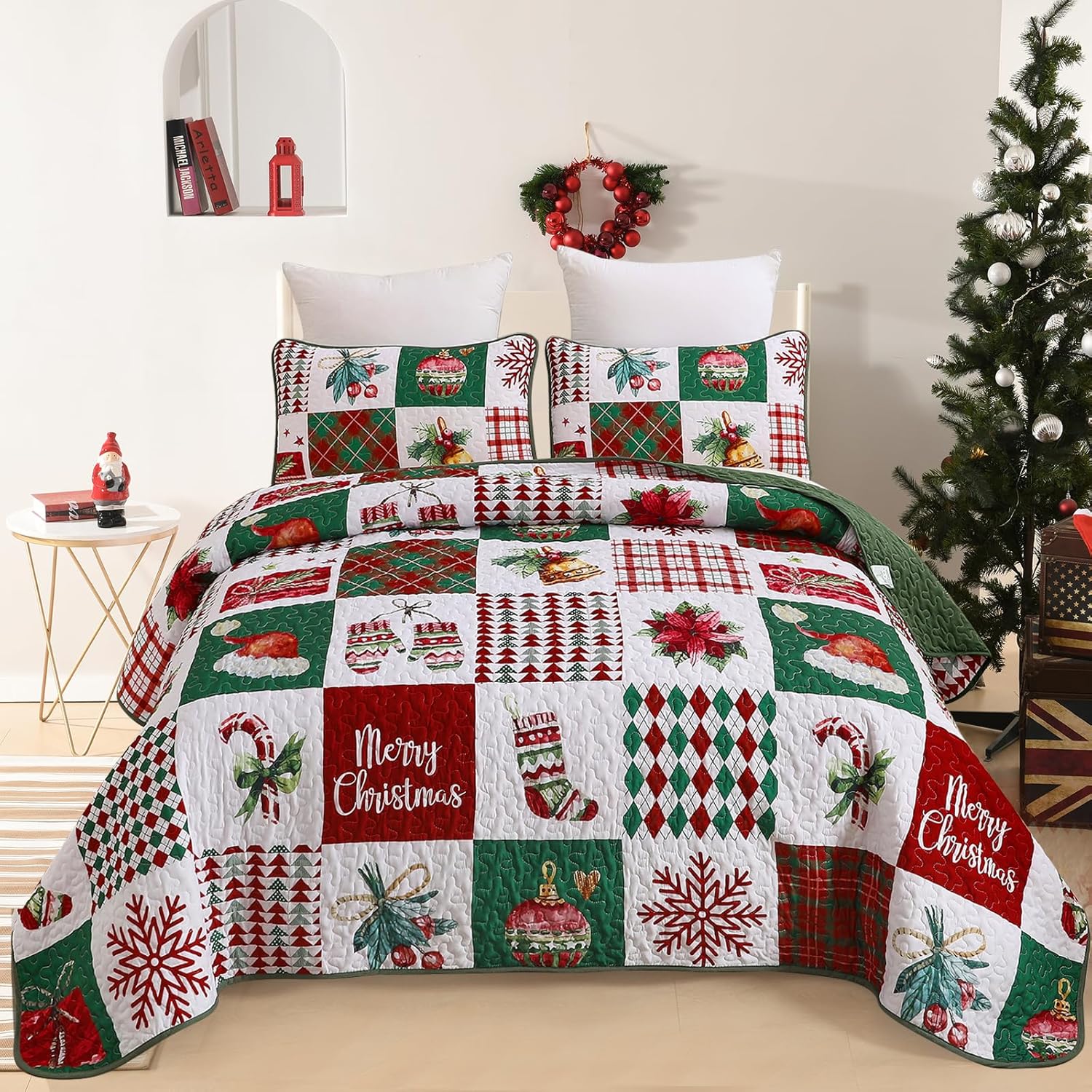 Mybedsoul Christmas Quilt Set Queen Size 3 Pieces Christmas