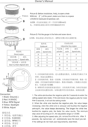 Miniatura 6 de ELING Tacómetro impermeable de 2.047 in, medidor de 0 a 7000 rpm, con medidor de horas para automóvil, barco, RV con retroiluminación roja de 9 a 30