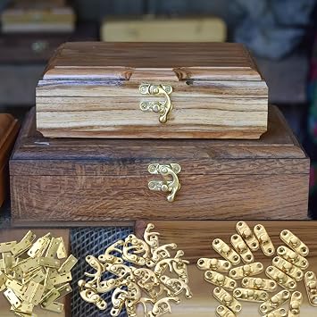 300-Piece Jewelry Box Hardware Set, Includes 40 Jewelry Box Hinges 20 Antique Right Latches Hook Hasps 240 Replacement Screws, Small Decorative Hinges for Wooden Box Cabinet (Brass Color)