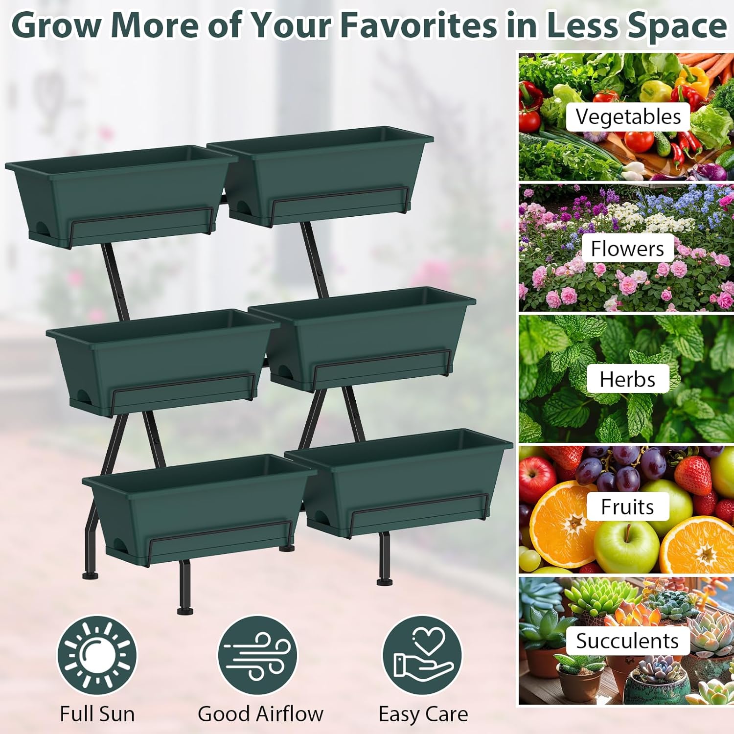 Sunexinlo 3-Tier Vertical Garden Planter with 6 Boxes, 31" Tall Raised Garden Bed with Adjustable Feet for Herbs, Flowers, Vegetables, Ideal for Indoor, Outdoor, Patio, Balcony, Deck Use, Green