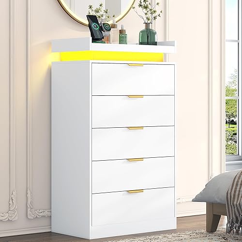 Miniatura 16 de Cómoda de 6 cajones para dormitorio, cómoda blanca con luces LED y toma de corriente, cómoda de madera, cómoda doble ancha para dormitorio, entrada