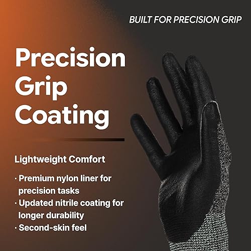 Miniatura 2 de DEX FIT Guantes de trabajo de nailon de alta calidad FN320  Agarre firme de nitrilo, ajuste elástico 3D, delgados y ligeros, protectores y