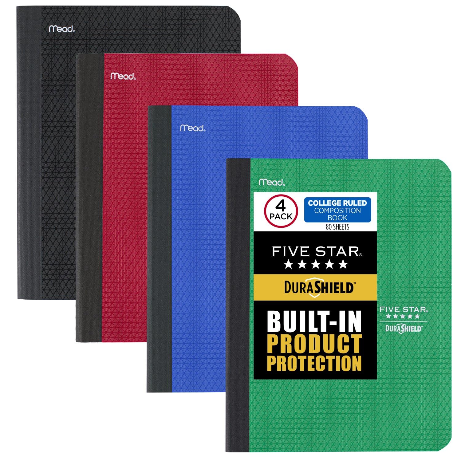 Five Star Composition Books + Study App, 4 Pack, College Ruled Paper, 9-3/4" x 7-1/2", 80 Sheets, Anti-Microbial, Black, Red, Green and Blue (850070A-ECM)