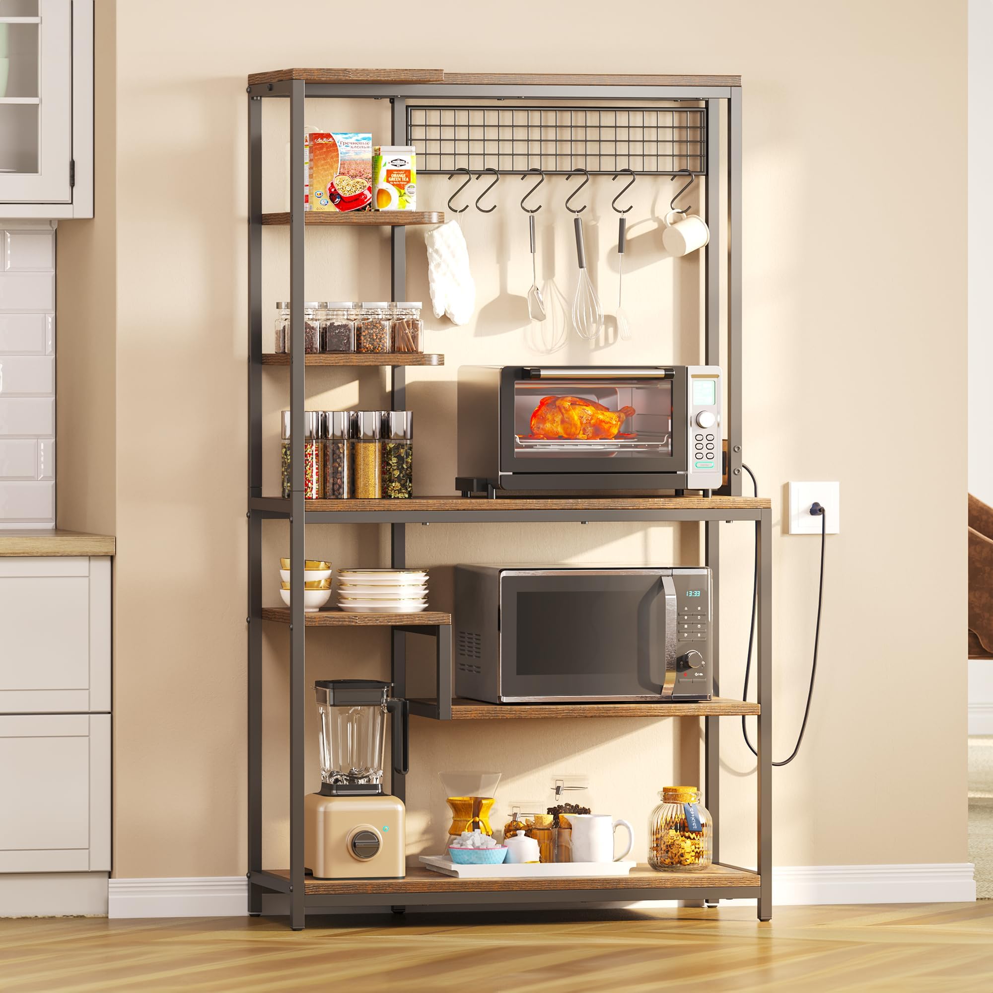 YITAHOME 39 Inch Large Kitchen Microwave Stand Bakers Rack w Power Outlet, Coffee Bar Farmhouse Freestanding Utility Storage Shelf for Appliance with Wire Panel 6 Hook, Rustic Brown
