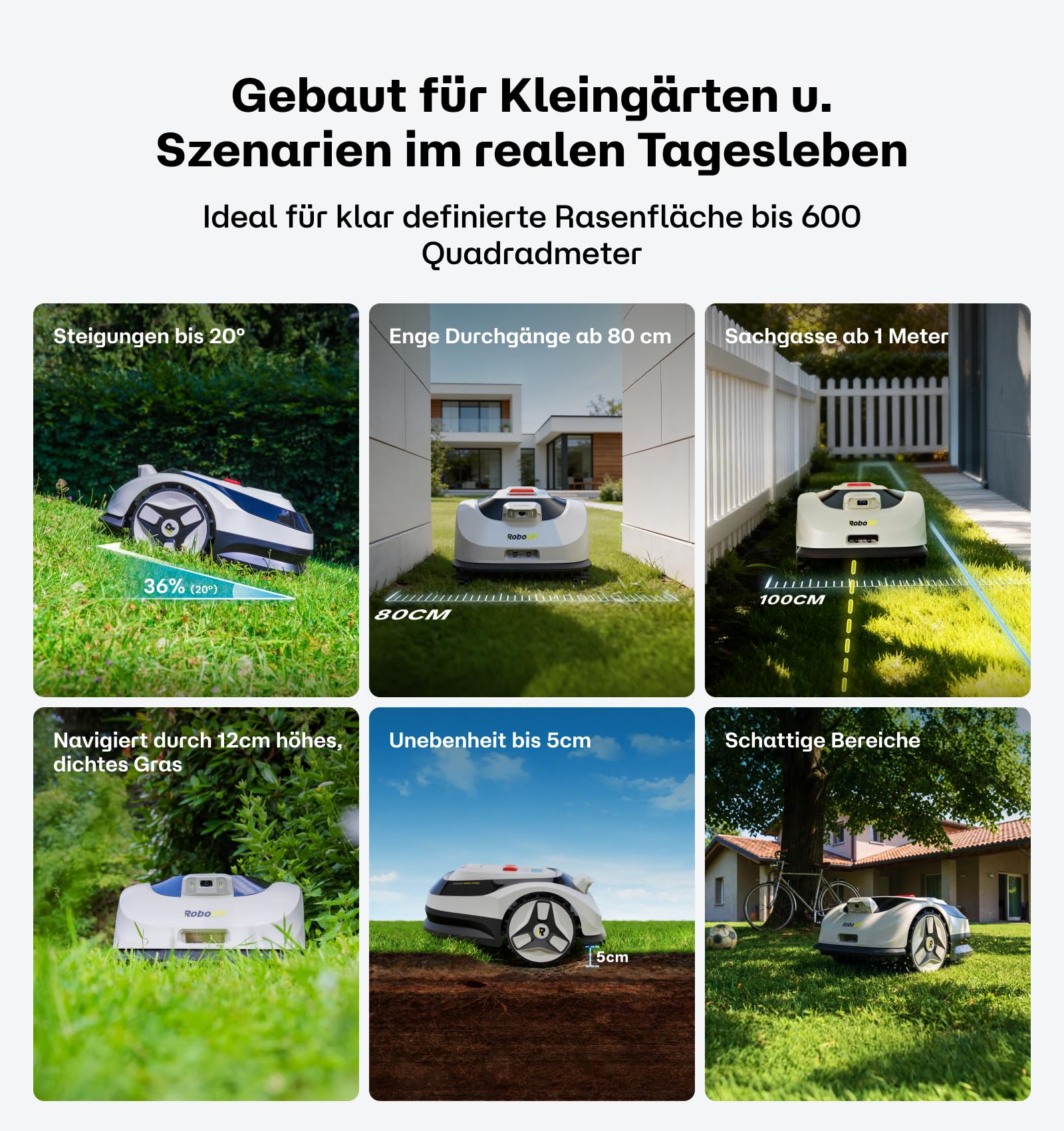 Raccoon 2 SE Mähroboter Ohne Begrenzungskabel, Ohne RTK, Max. 600㎡, 5Ah-Schnellladung Batterie, App-Smarte Mehrzonensteuerung, 3-8cm Schnitthöhe, KI Gesteuerter Mähroboter, 20° Steigung
