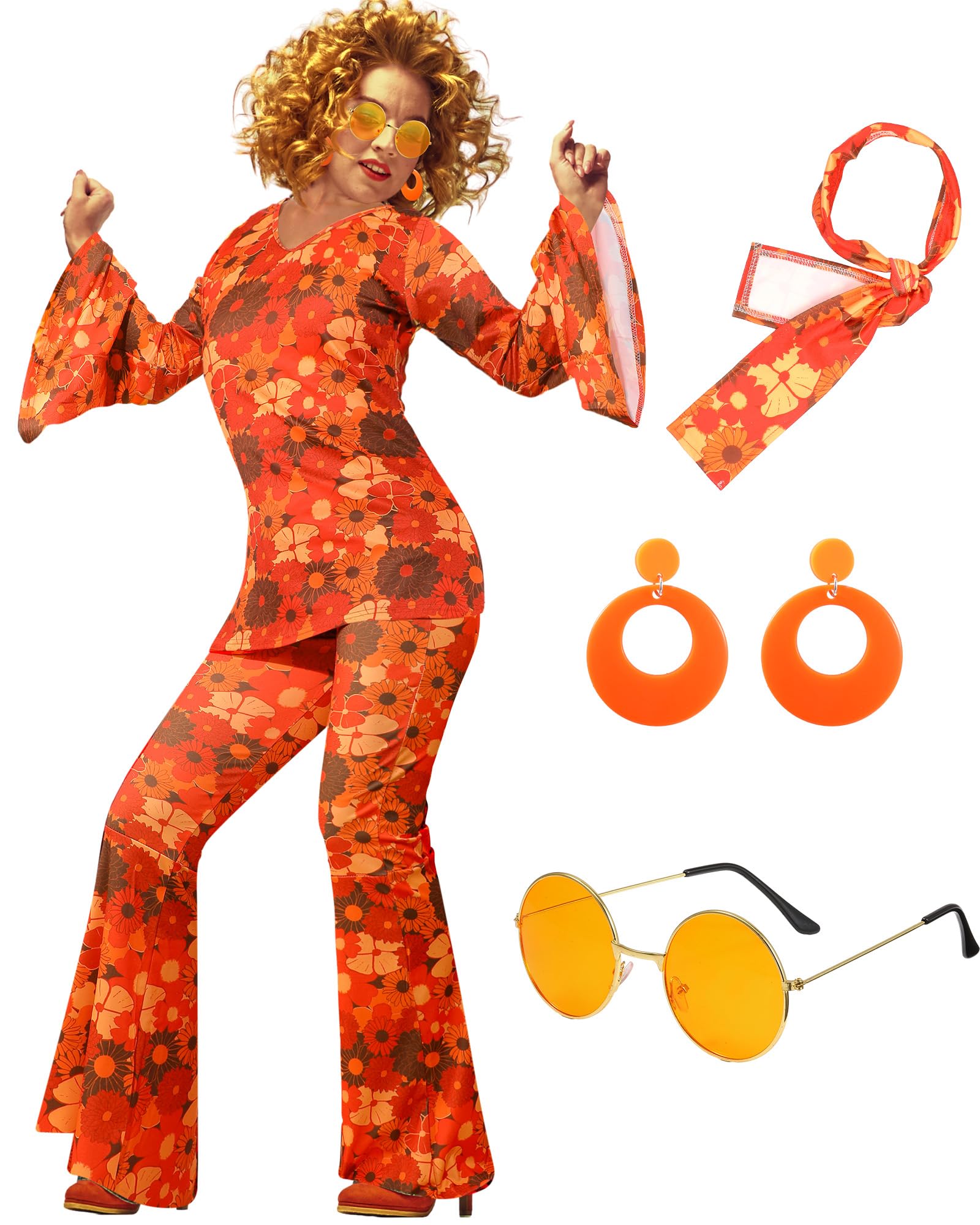 6 Pcs 60s 70s Disco Outfit Women Hippie Costume Accessories Flared Pants Headband Earrings Sunglass