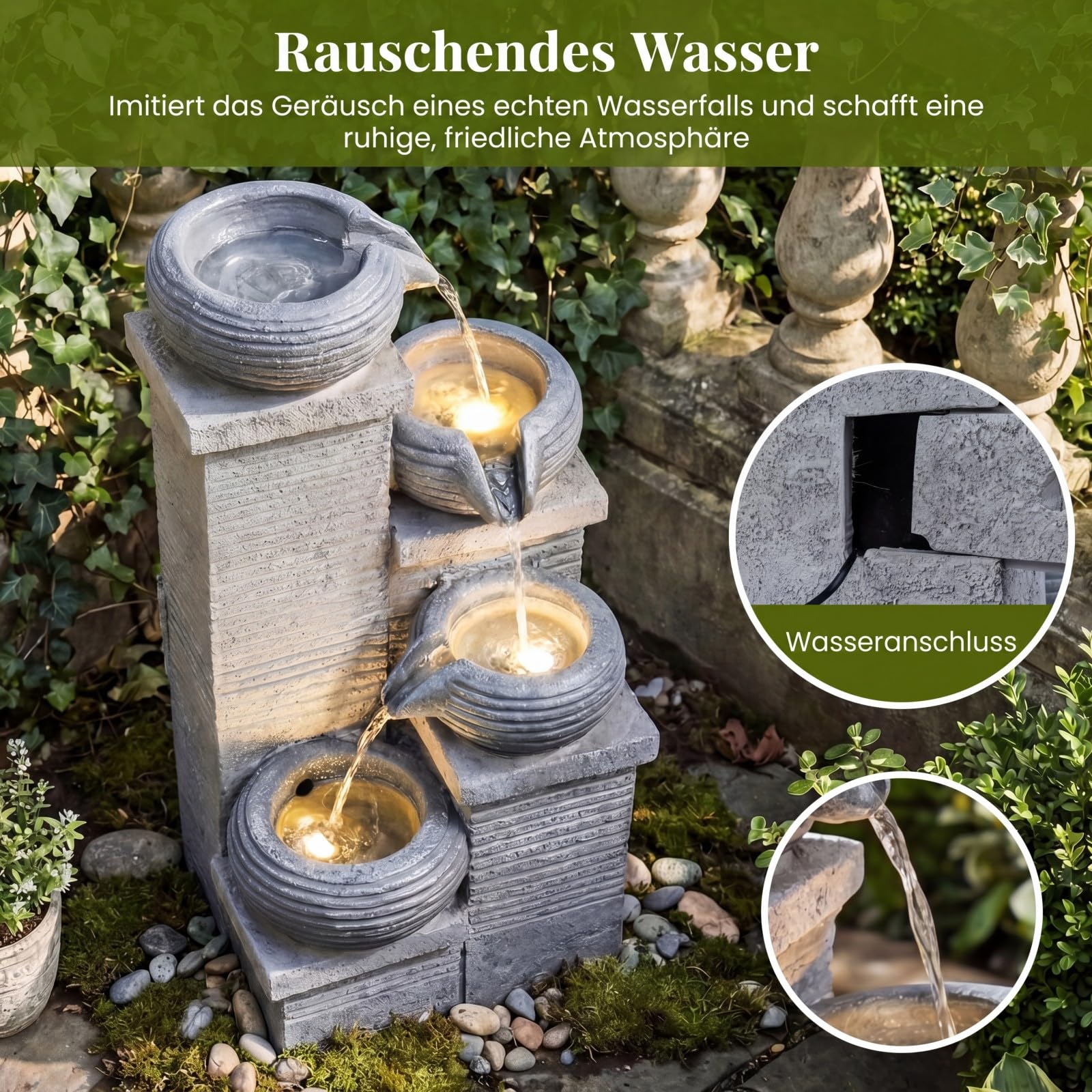 COSTWAY 4-stufiger Springbrunnen, Gartenbrunnen mit LED Beleuchtung & Pumpe, Kaskadenbrunnen Kunstharz, Steinoptik, Zimmerbrunnen draußen, Wasserfall Brunnen Garten, 28 x 22 x 58 cm