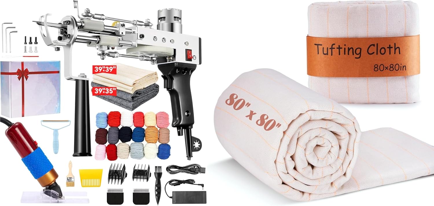 BESGEER Rug Tufting Gun with Carpet Trimmer Kit - Rug-Tuft-Gun-with-Tufting-Shears Tufting Cloth with Marked Lines - 80" × 80" Primary Tufting Cloth for Cut and Loop Pile Tufting Guns