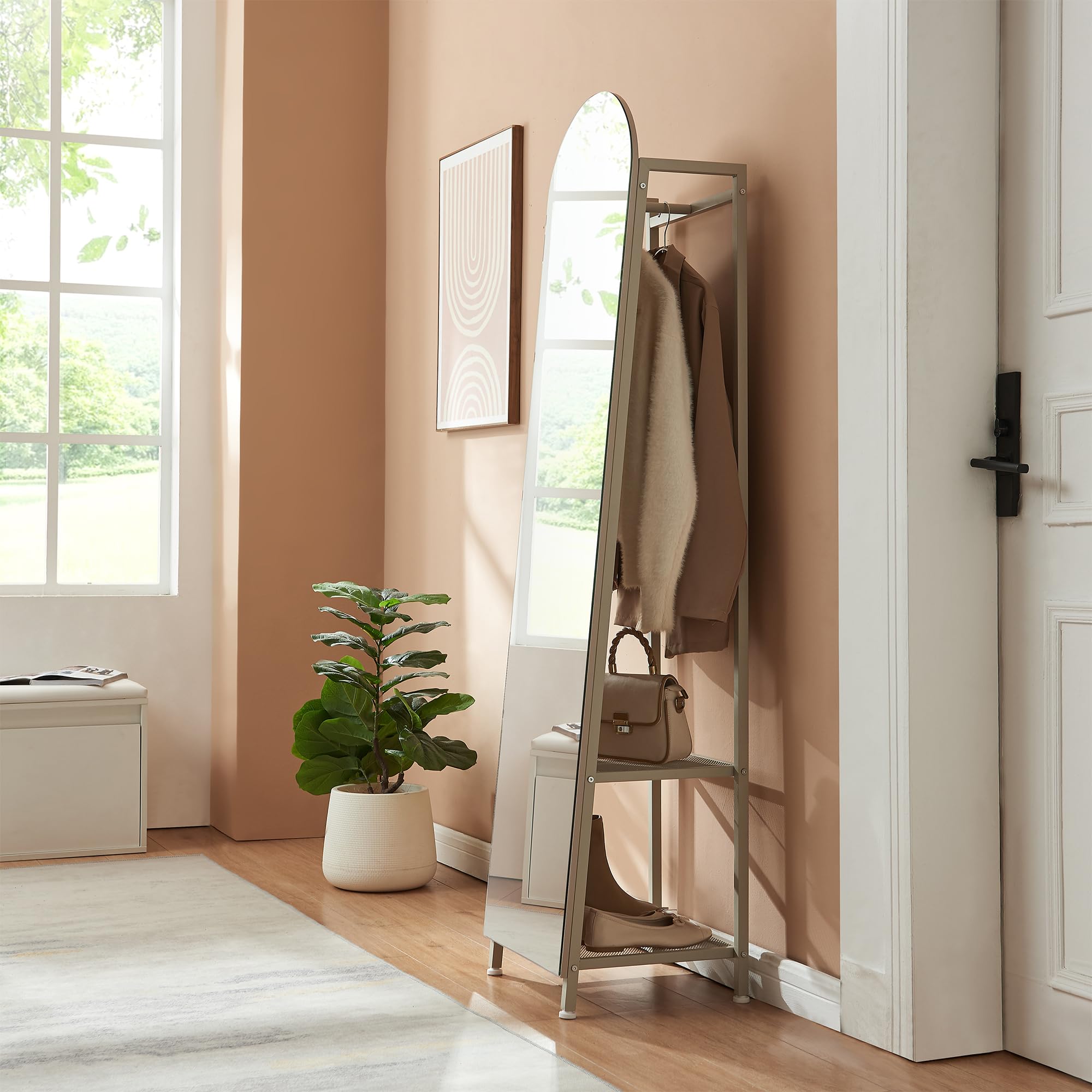 [en.casa] Espejo de Pie y Perchero Frenraby Mueble de Salón con Espejo de Cuerpo Entero 2 en 1 con Estantes y Barra para Colgar Ropa Dormitorio Vestidor Entrada Metal 165 x 40 x 35 cm - Oatmeal