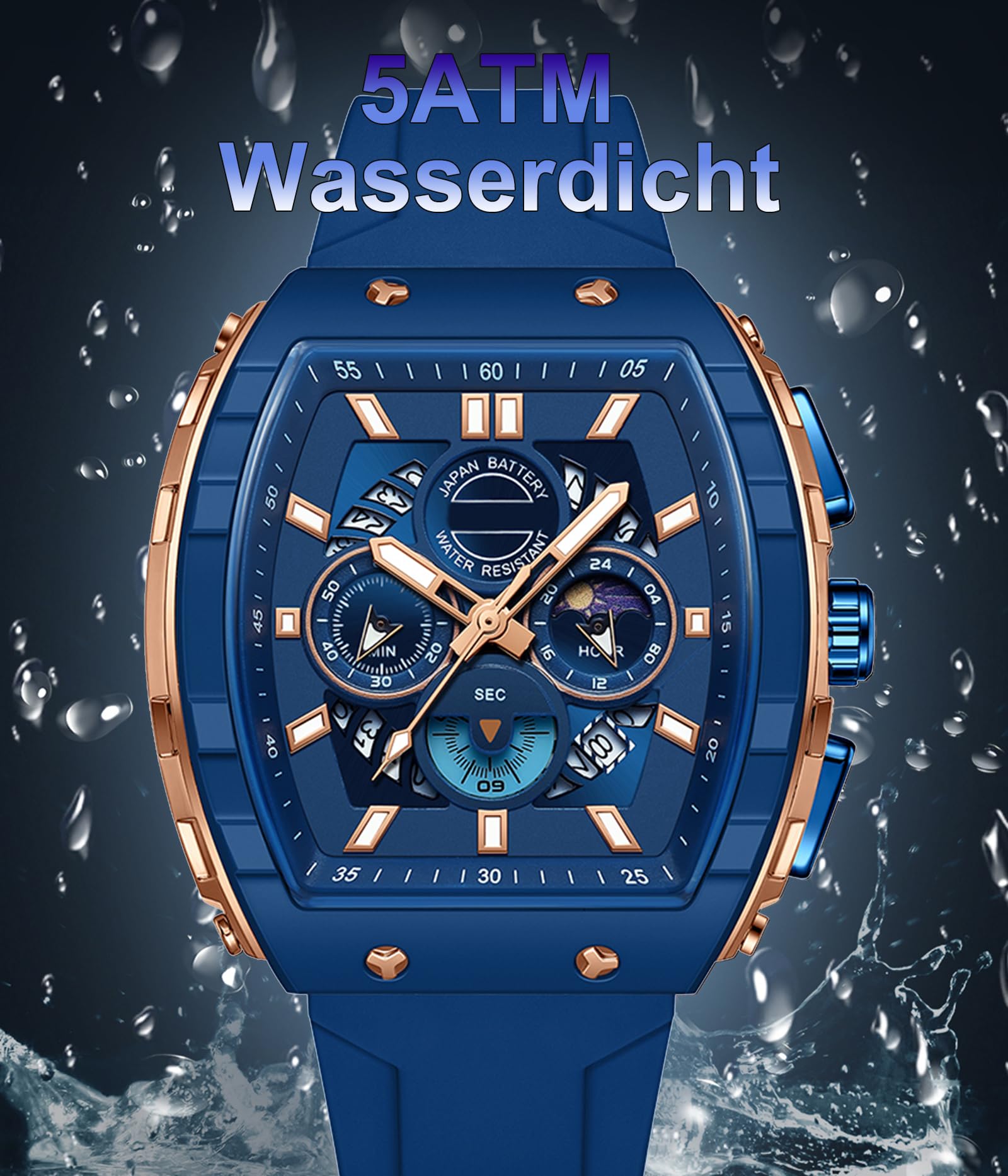 findtime Orologio da polso da uomo, cronografo, grande, sportivo, quadrato, da uomo, militare, analogico, al quarzo, data, orologio sportivo di lusso, per uomini, quadrante luminoso, design